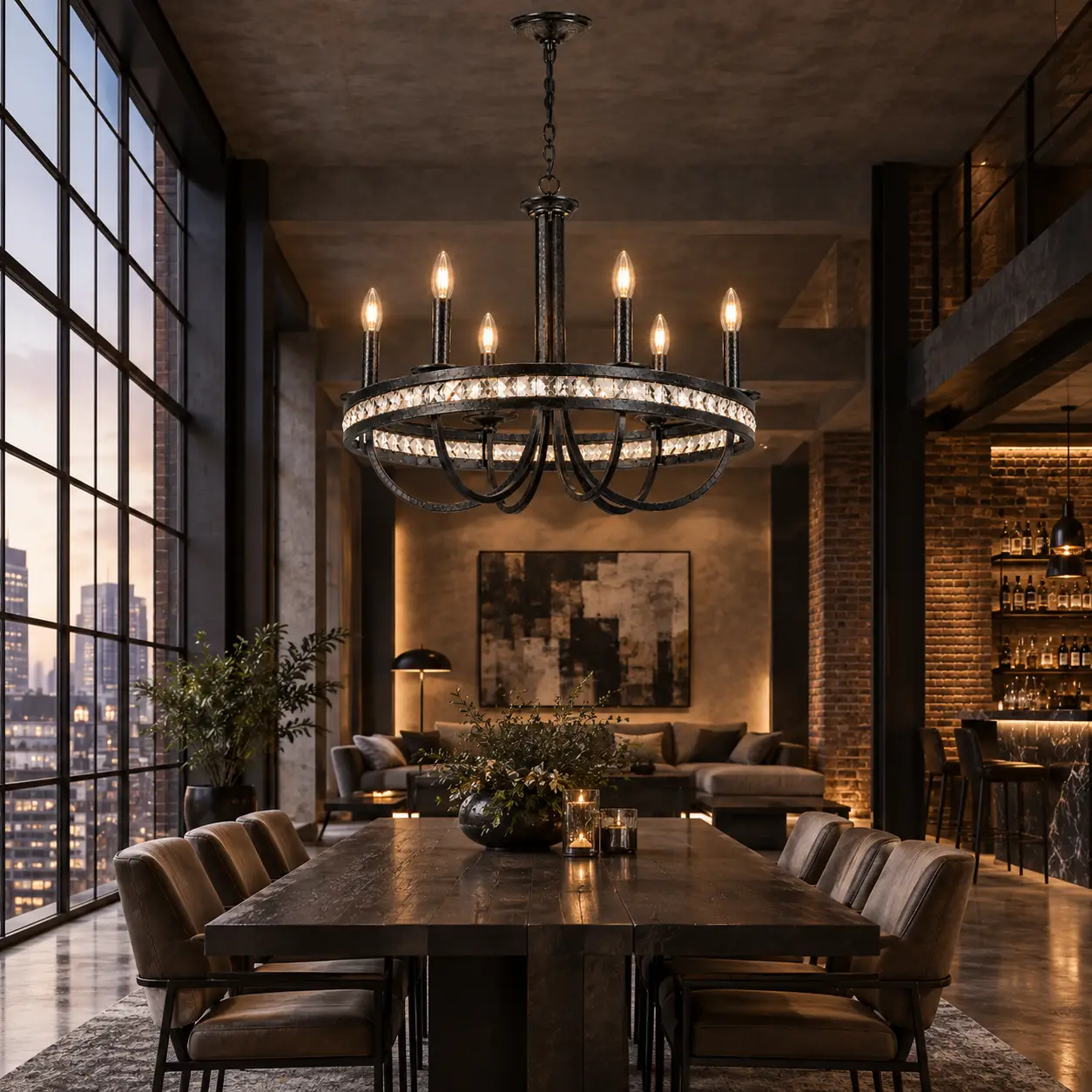 Regal Forge Iron Pendant Chandelier in Contemporary Industrial Hotel Lounge