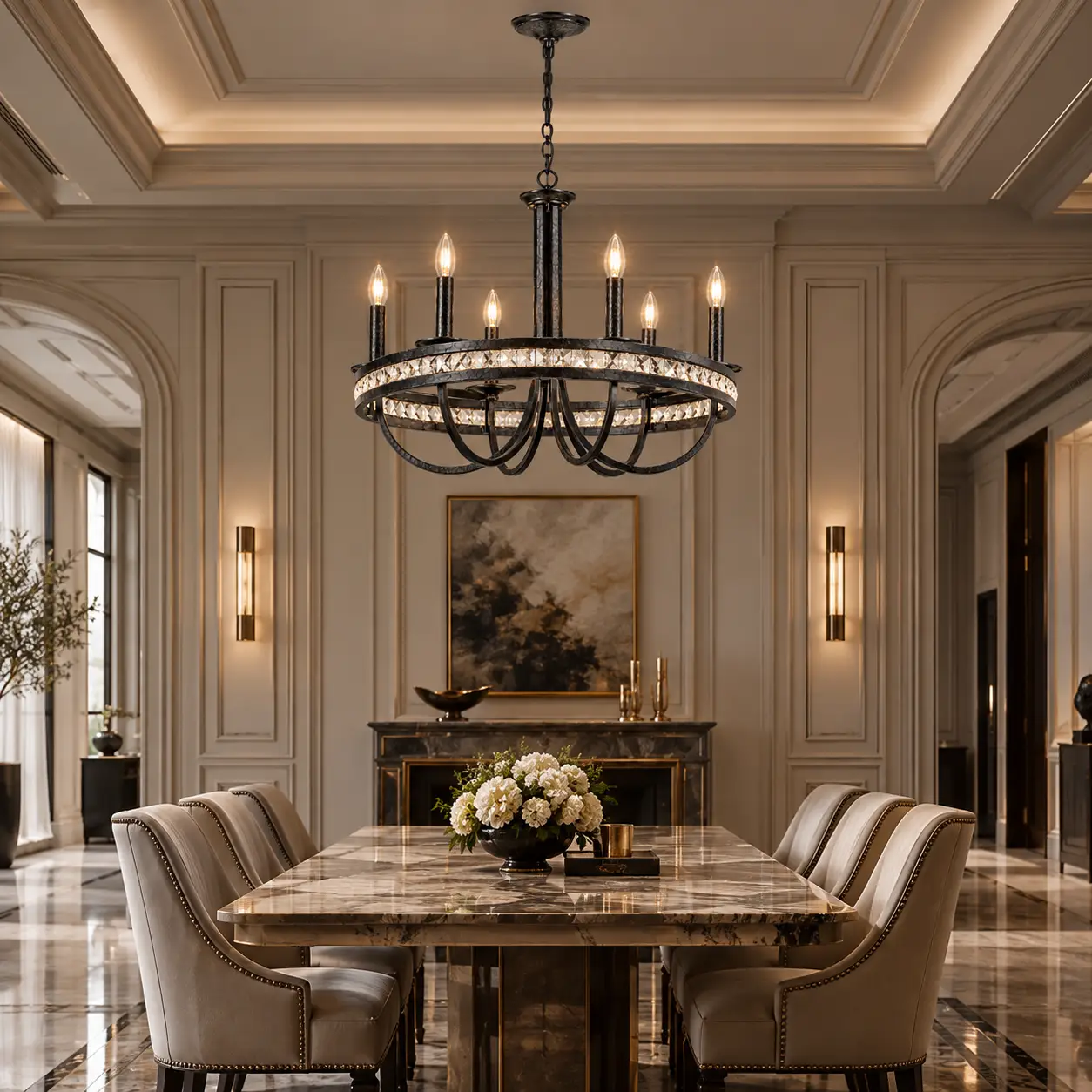 Regal Forge Iron Pendant Chandelier with Crystalline Inlay in Modern Luxury Dining Room