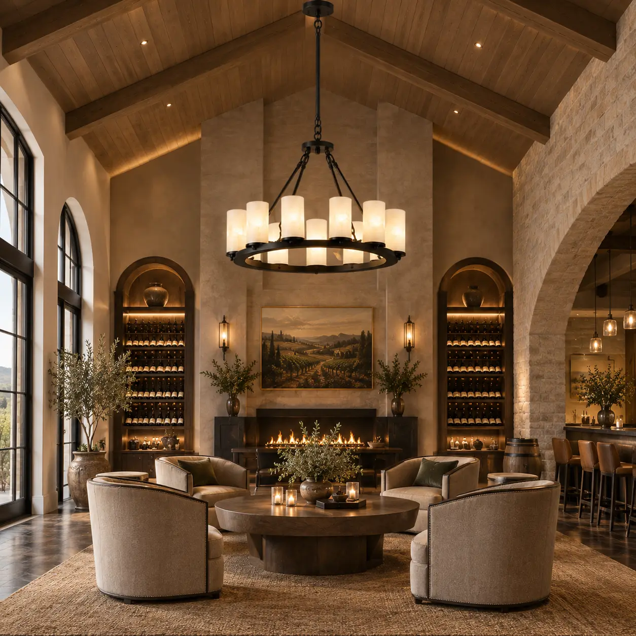 Large round pendant lighting in boutique hotel lounge