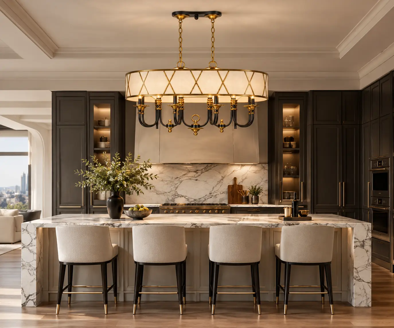 Regency Lattice 8-Light Linear Chandelier mounted over a waterfall marble kitchen island in a modern luxury penthouse