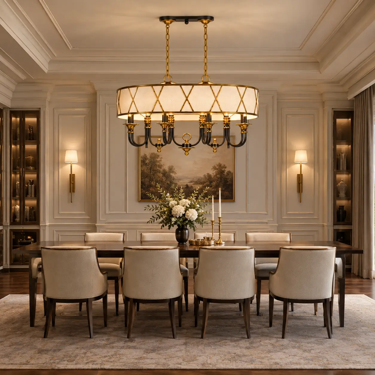 Regency Lattice 8-Light Linear Chandelier suspended over a formal ten-seat dining table