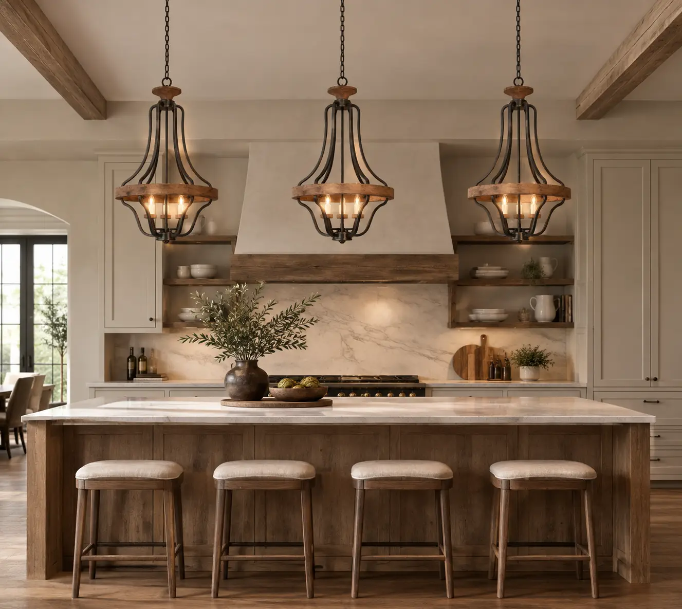 Rustic Hearth Bell 3-Light Pendants Suspended Over a Rustic Kitchen Island