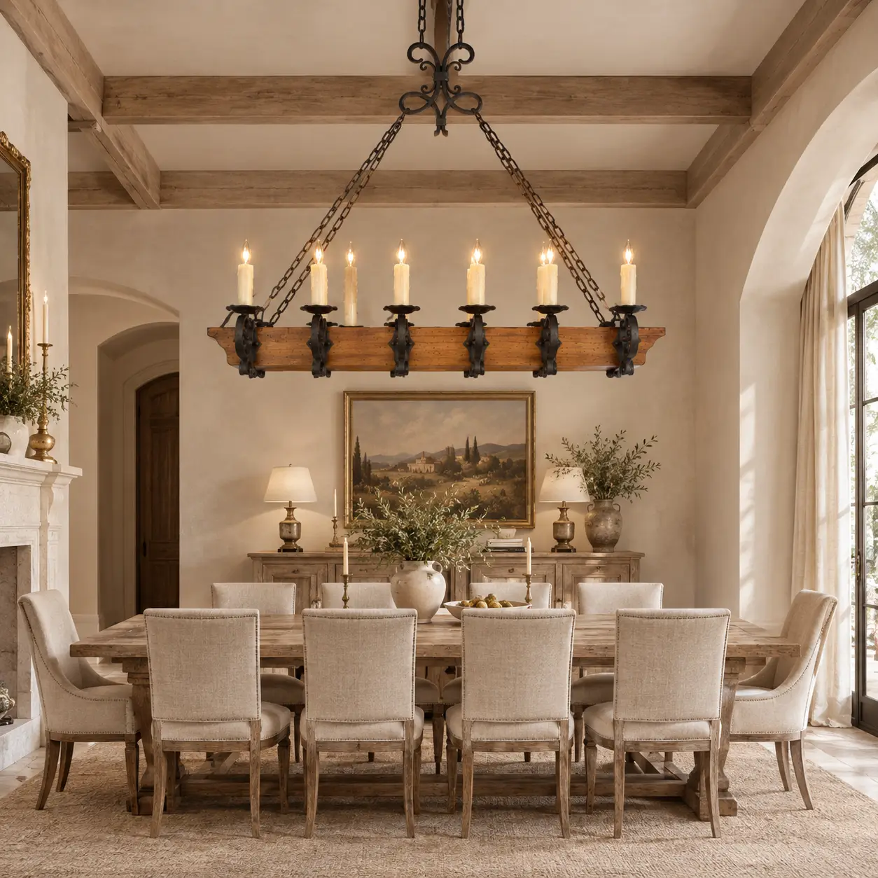 Rustic Chandelier Hung Over High-End Dining Table