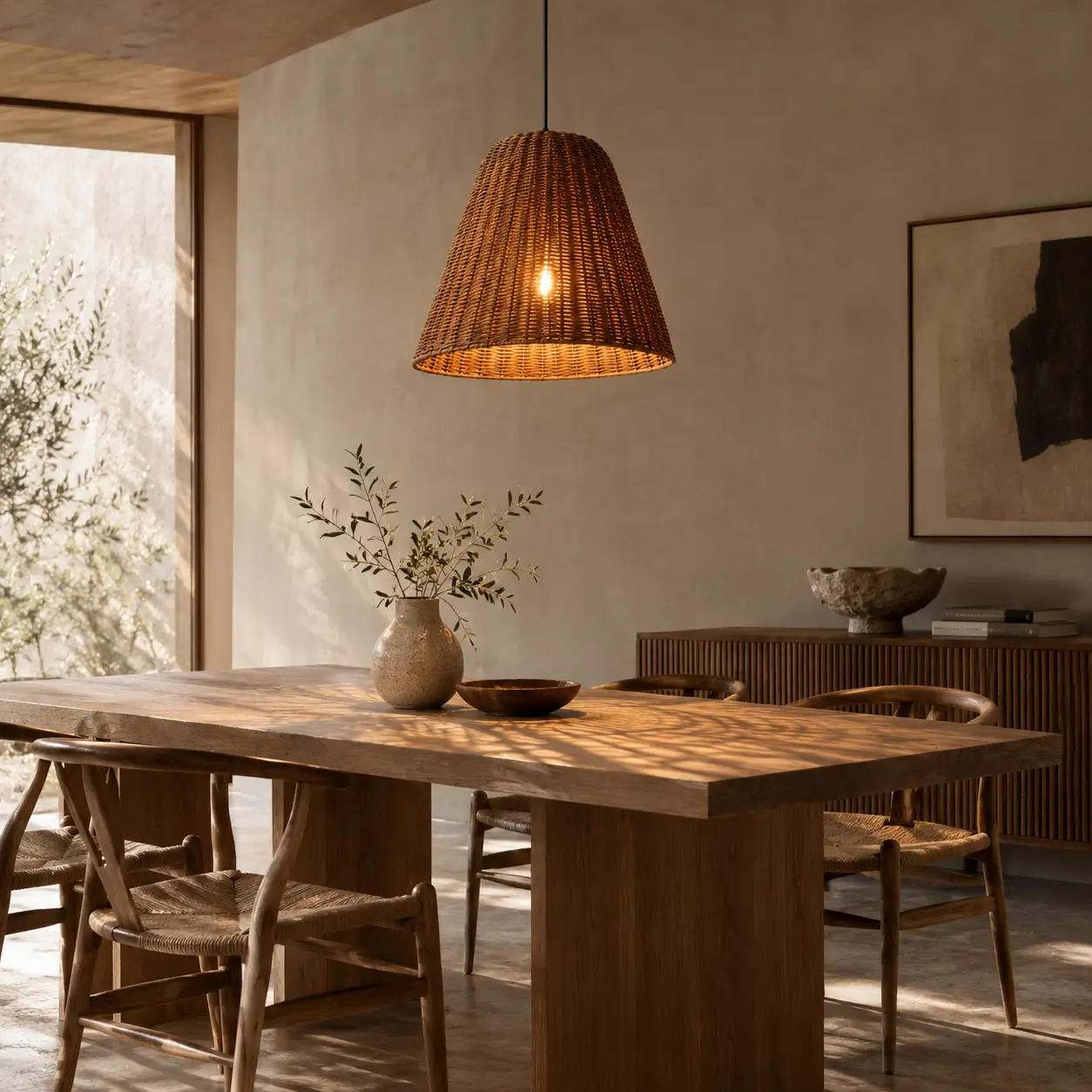Japandi Dining Room Rattan Bell Pendant