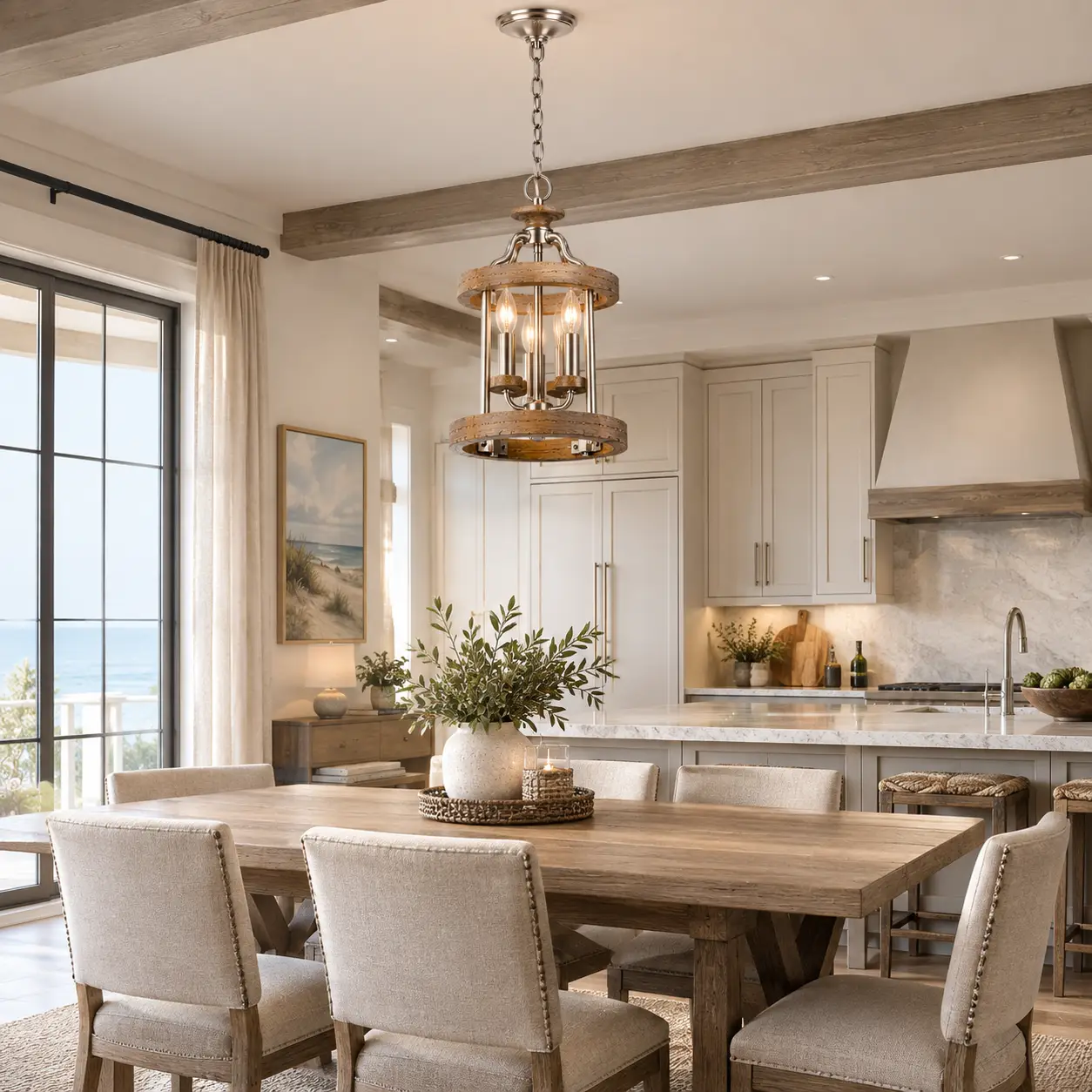 Rustic Industrial 3-Light Pendant Chandelier in Modern Farmhouse Dining Room