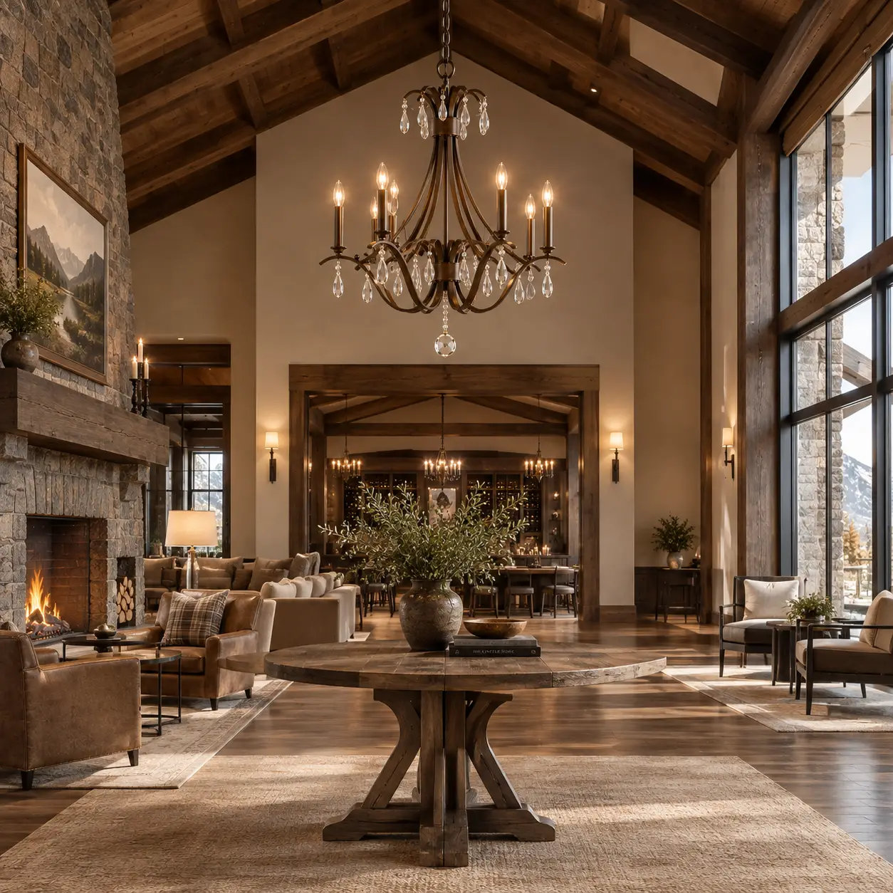 Rustic Luxe Chandelier in Mountain Lodge Lounge Render
