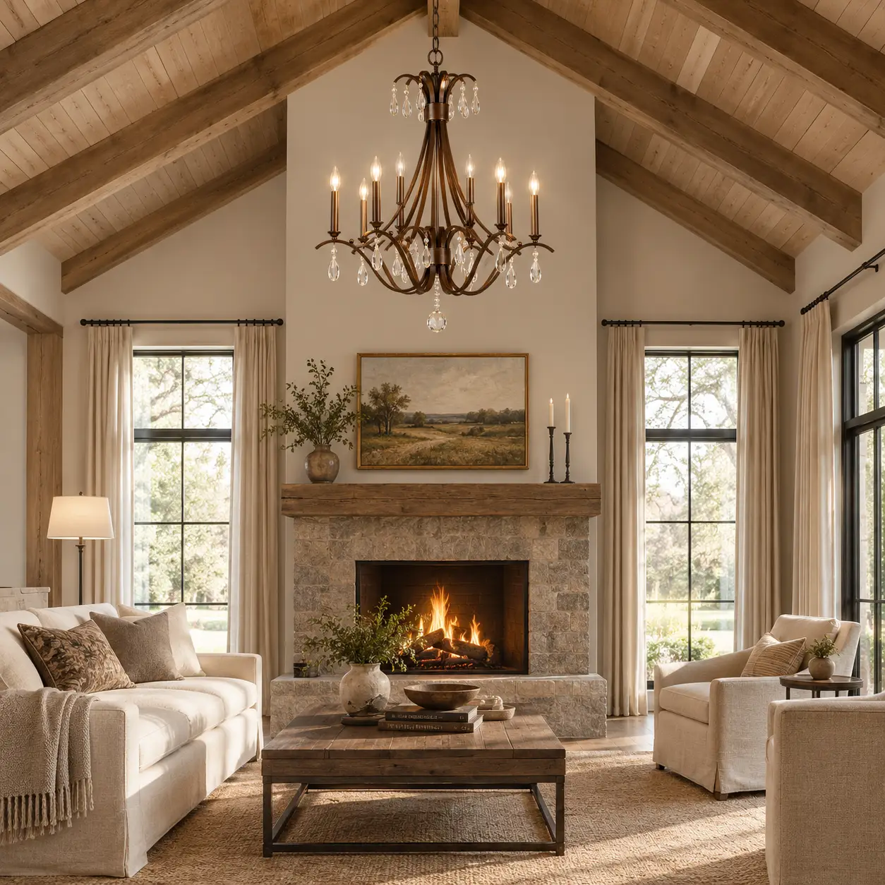 Rustic Luxe Chandelier in Modern Farmhouse Living Room Render