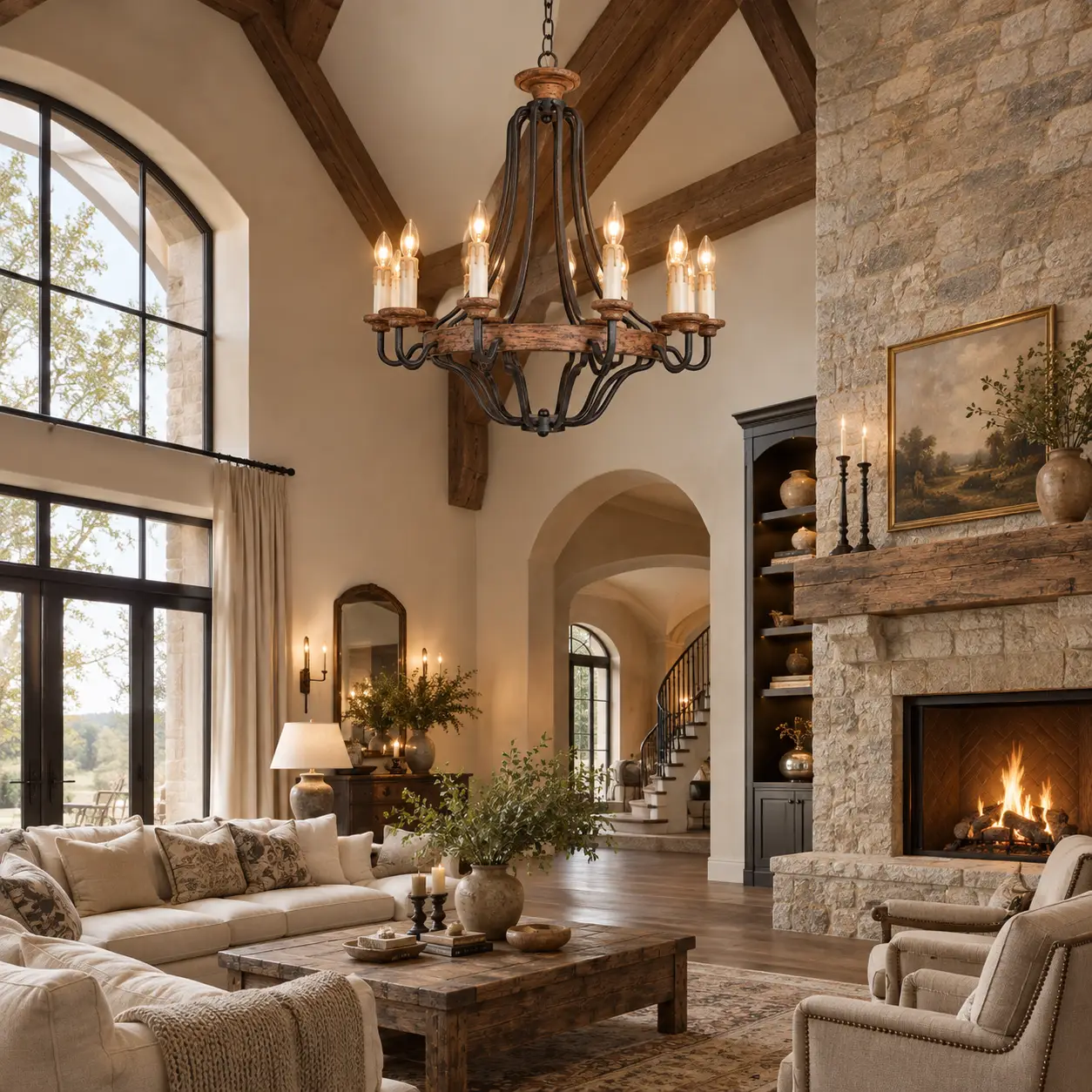Rustic Manor Chandelier in French Country Great Room Render