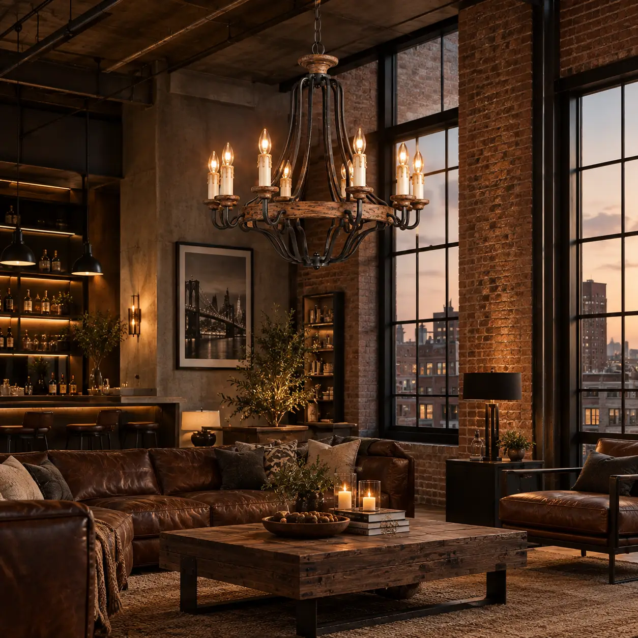 Rustic Manor Chandelier in Industrial Hotel Lobby Render