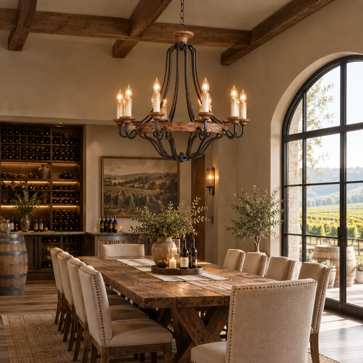 Rustic Manor Chandelier in Farmhouse Dining Room Render