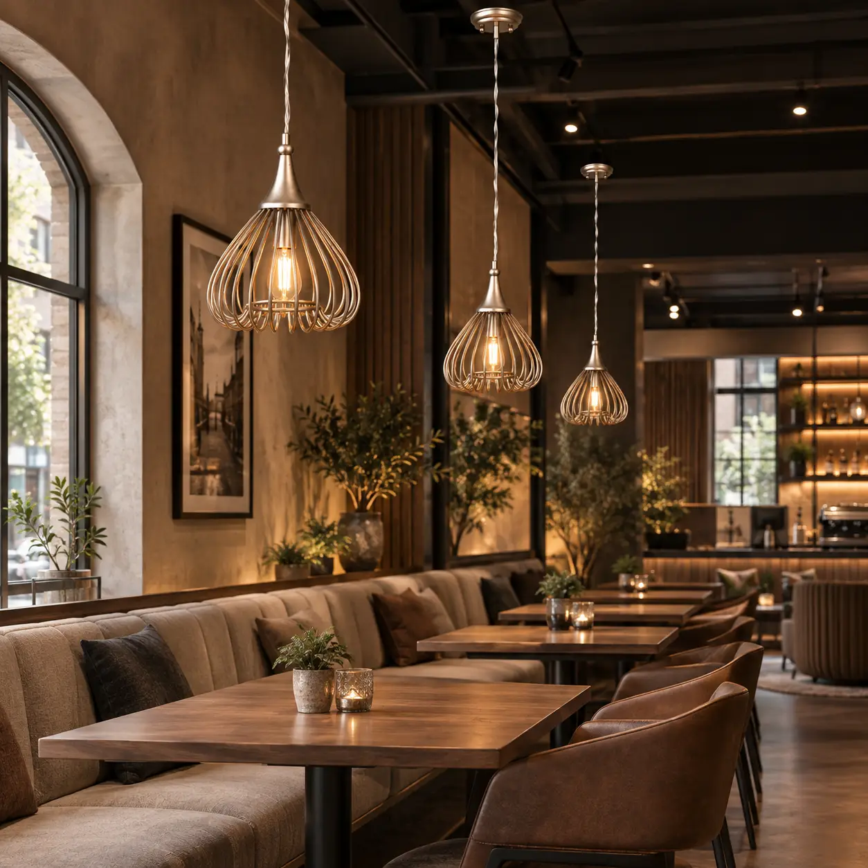 Cluster of Sculpted Whisk Mini Pendants at Staggered Heights in Boutique Cafe Lounge