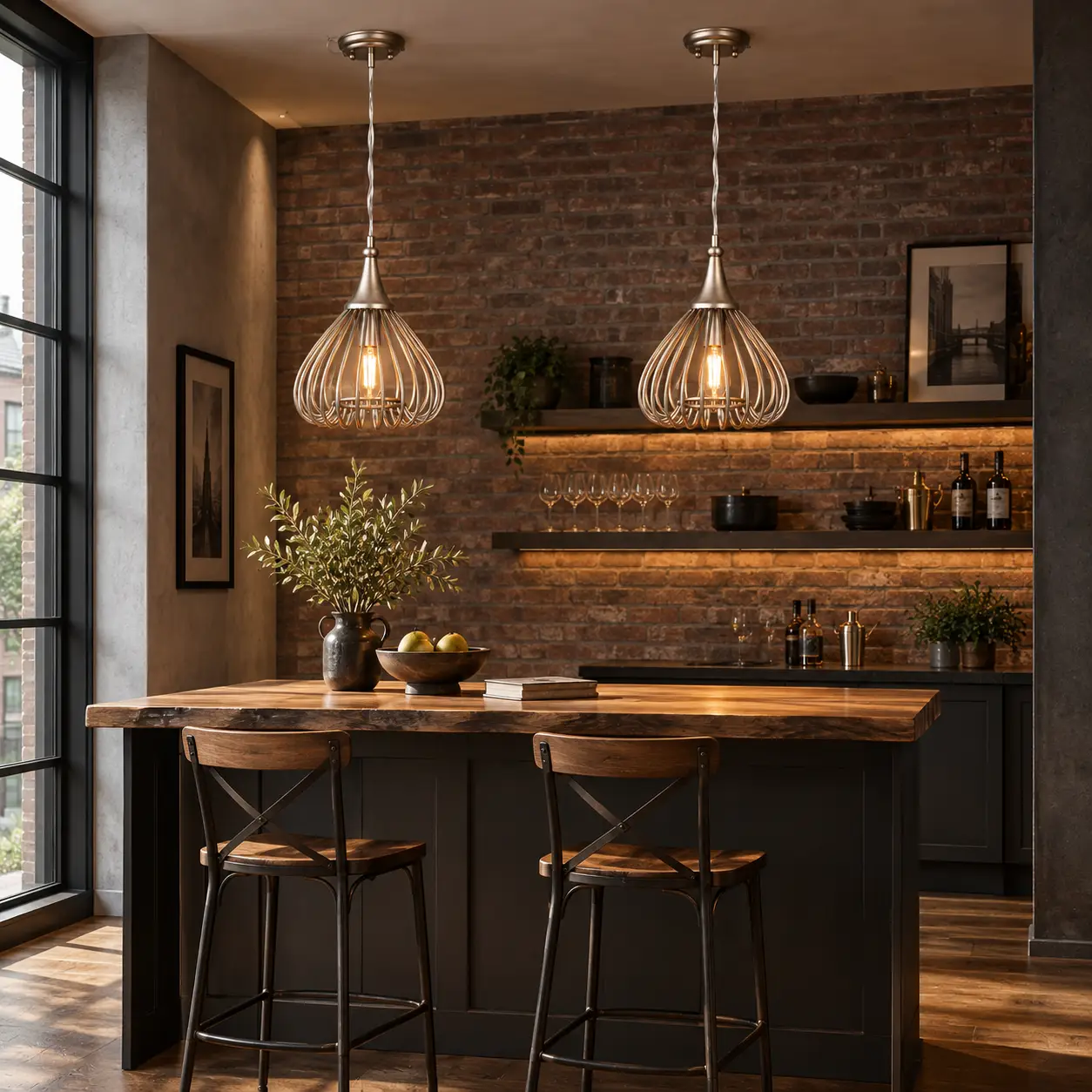 Sculpted Whisk Pendant Light Suspended Over Industrial Wooden Bar Counter