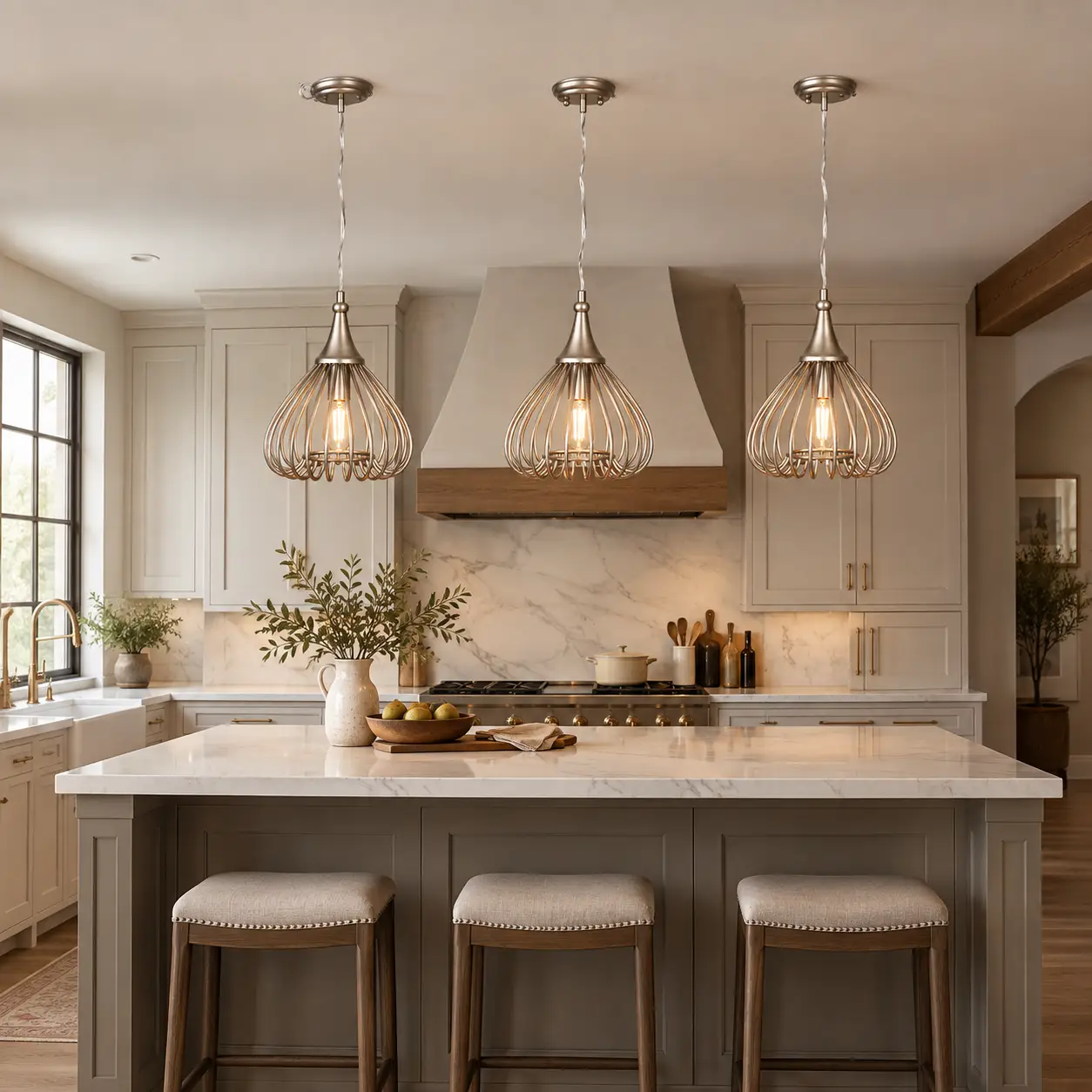 Trio of Sculpted Whisk Mini Pendants Hanging Over White Quartz Kitchen Island in Modern Farmhouse Home