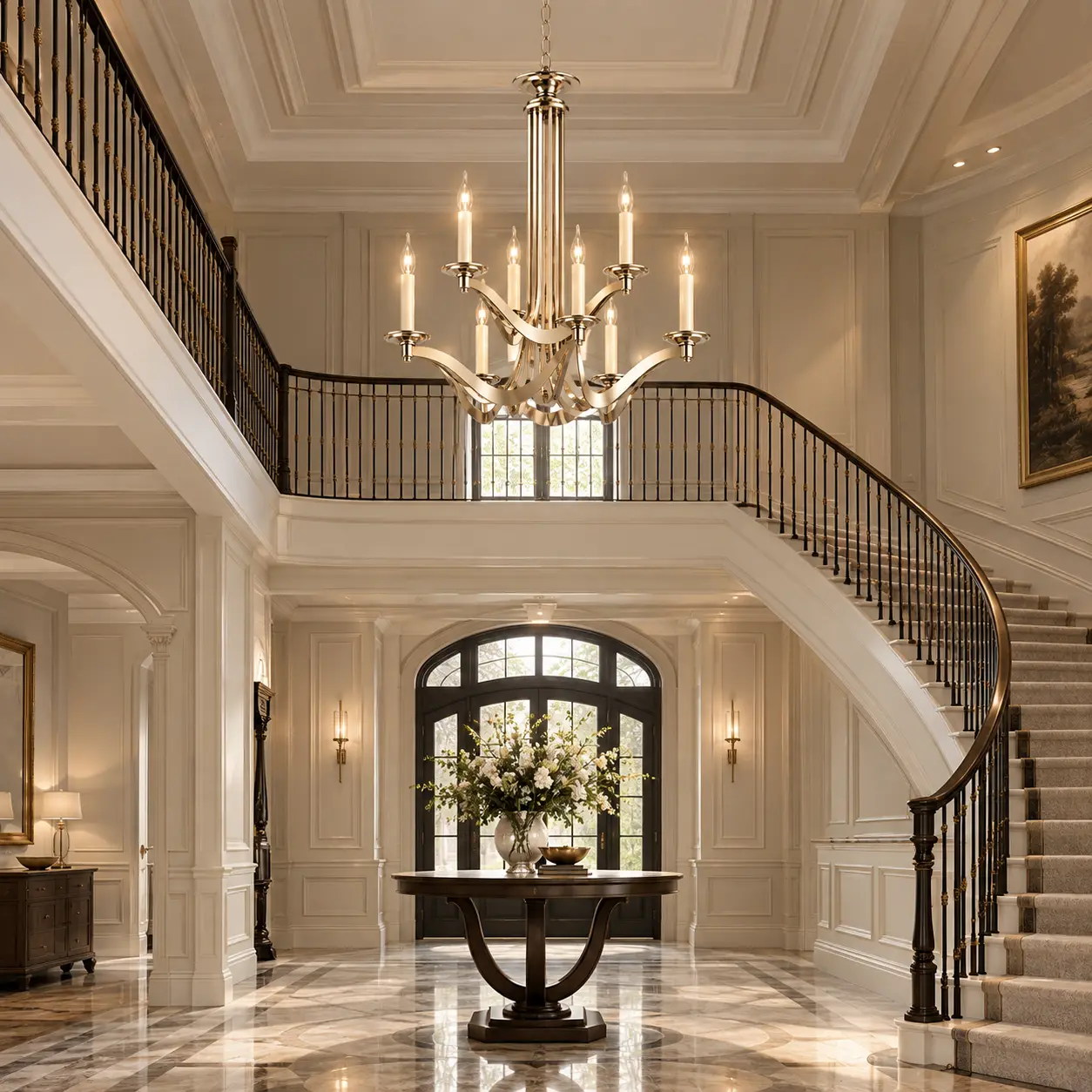 The Symphony Grand Chandelier in Neoclassical Double Height Entryway Foyer