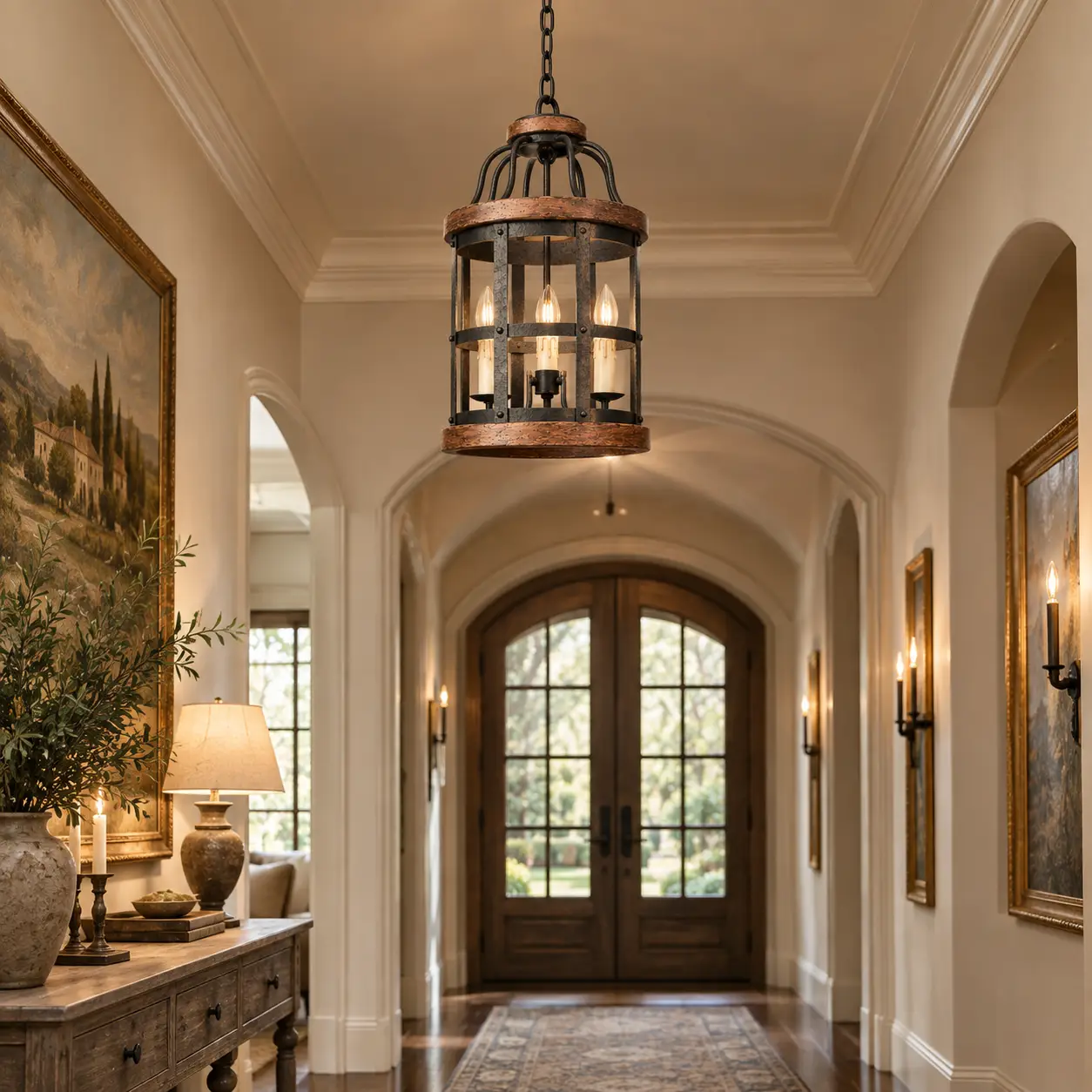 The Tuscan Forge 3-Light Lantern Pendant in French Country Entryway Render