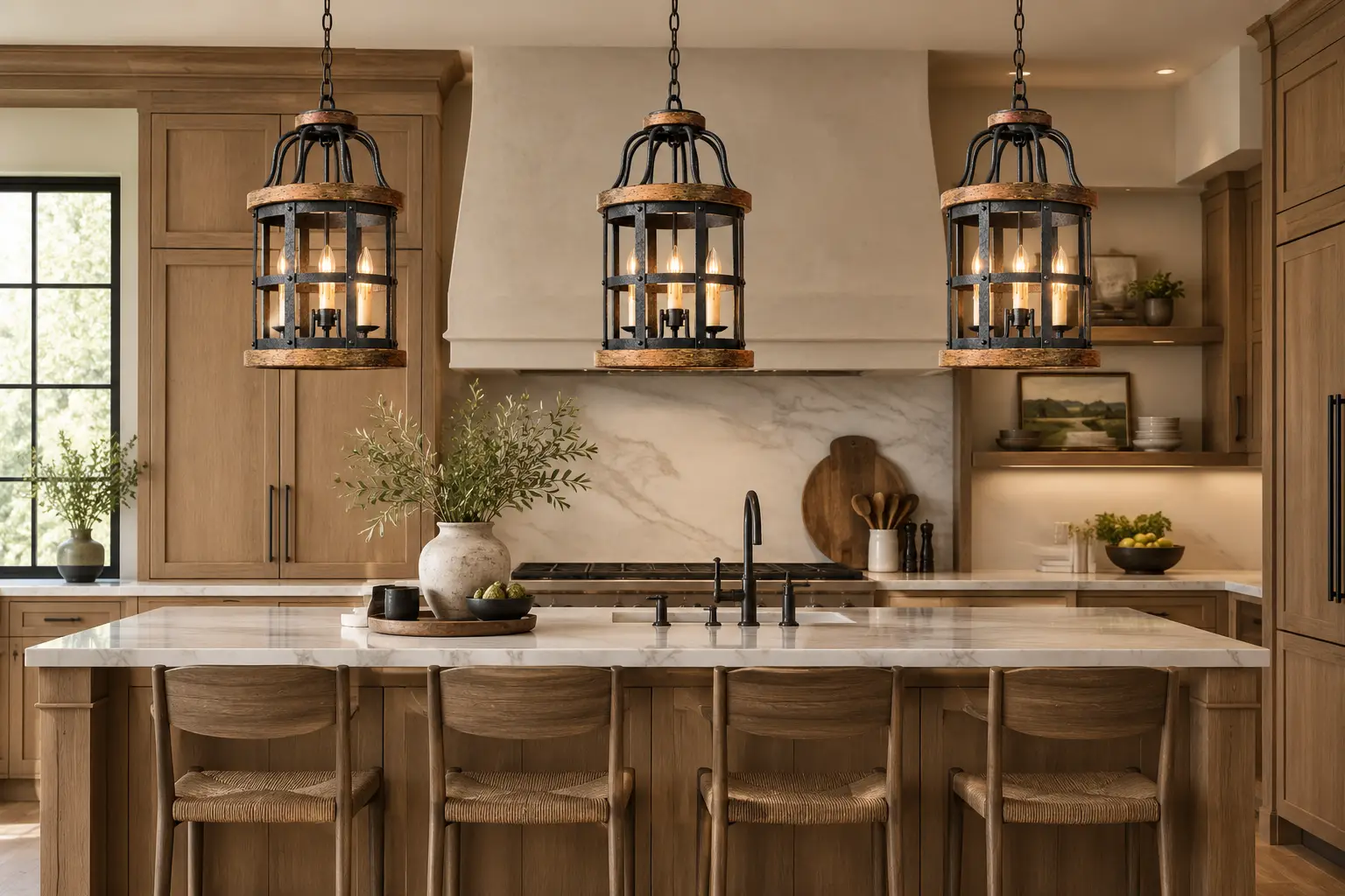 The Tuscan Forge 3-Light Lantern Pendant in Modern Farmhouse Kitchen Render