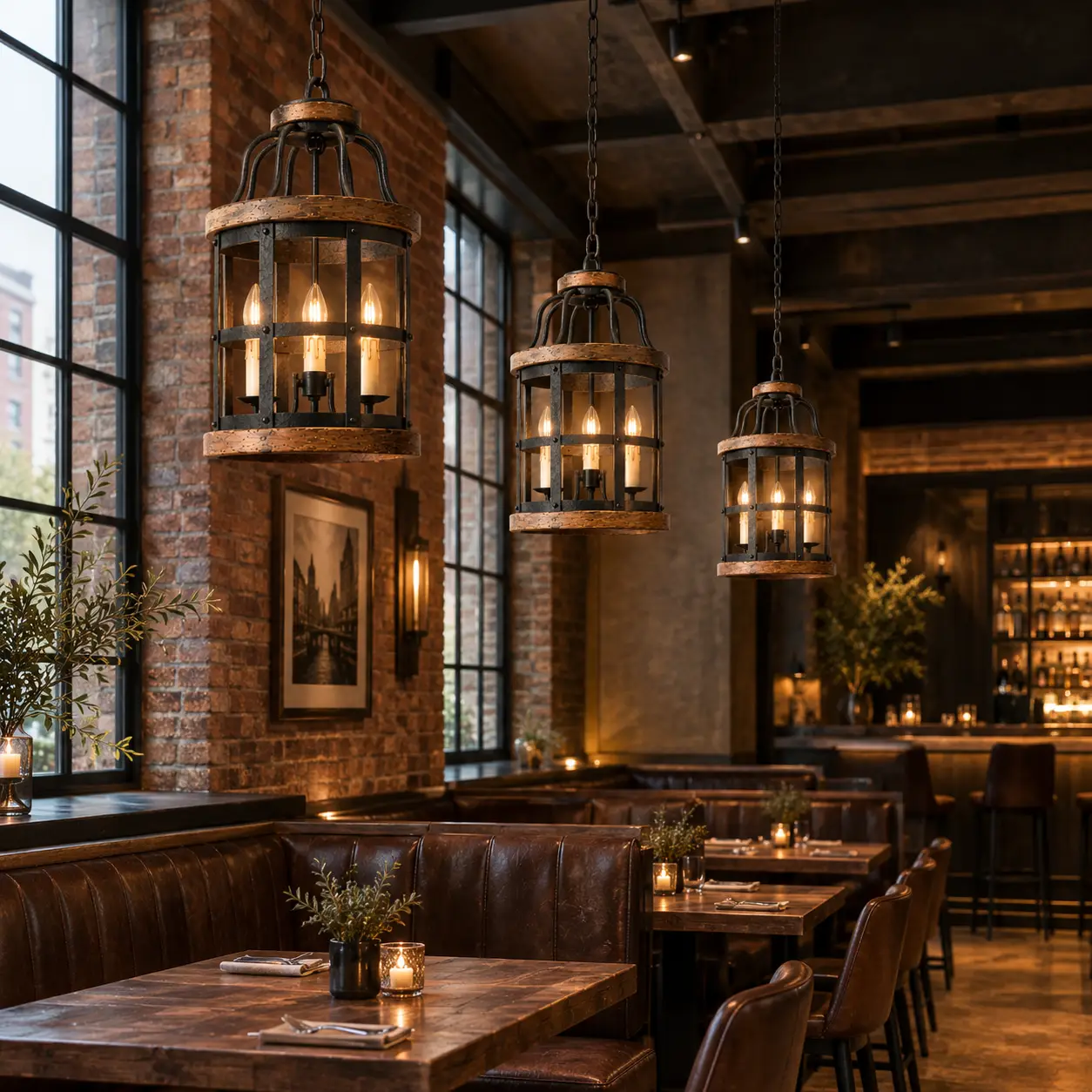The Tuscan Forge 3-Light Lantern Pendant in Commercial Restaurant Bar Render