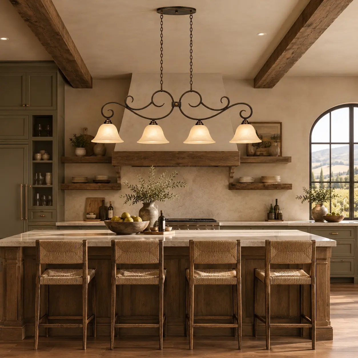 Tuscan Horizon 4-Light Linear Island Pendant in Modern Farmhouse Kitchen