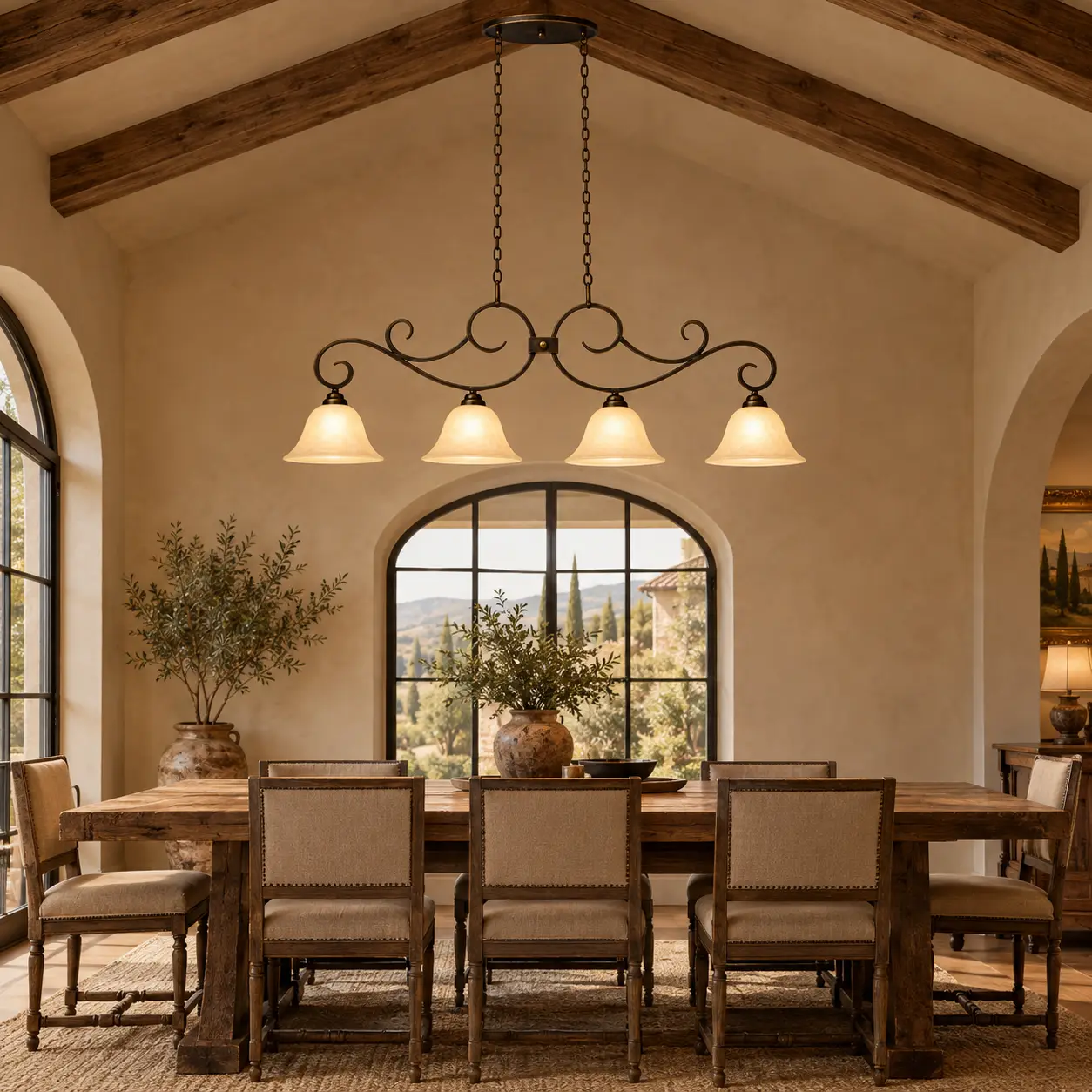 Tuscan Horizon 4-Light Linear Island Pendant in Tuscan Villa Dining Hall