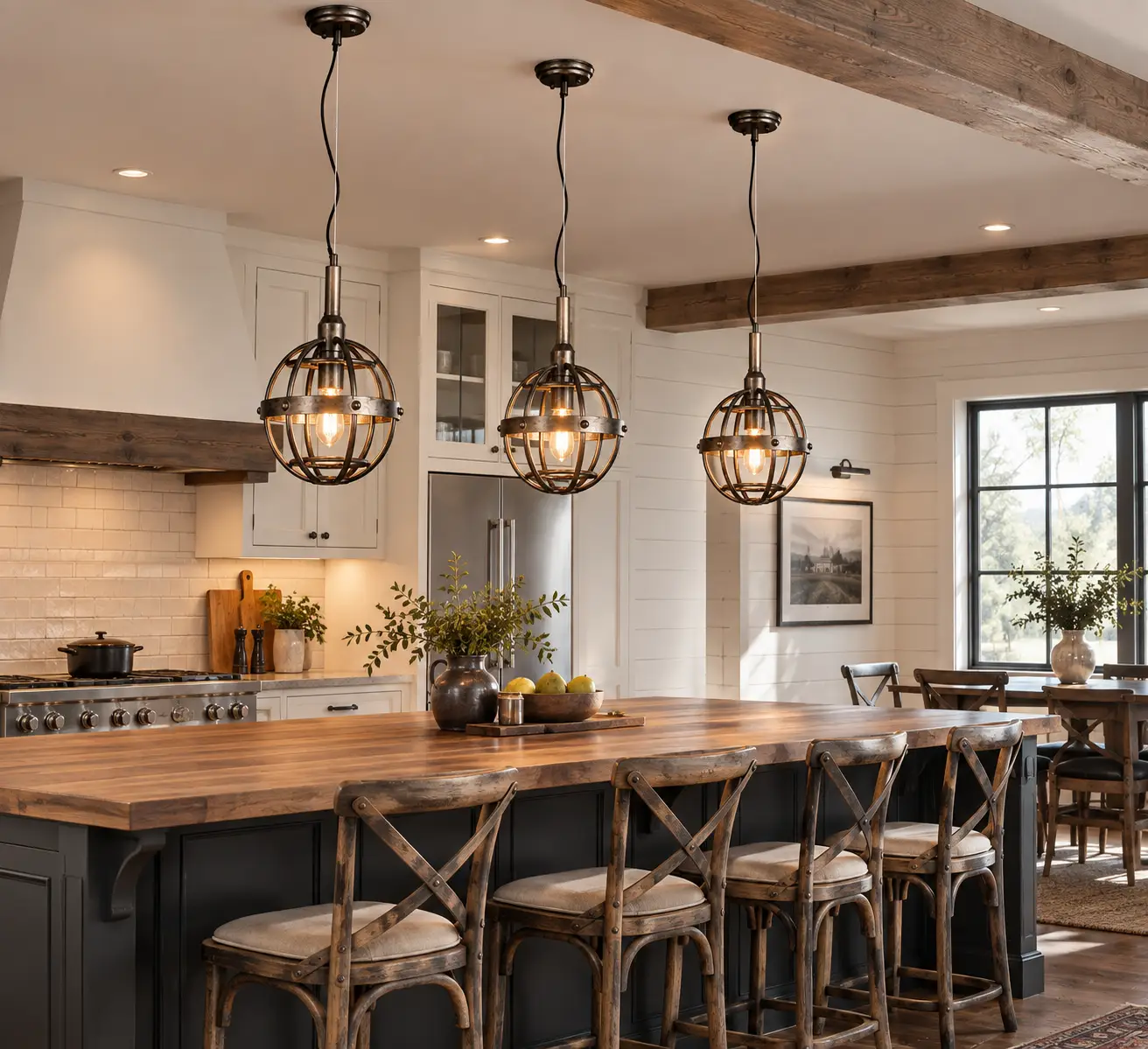 Trio of Urban Cage Mini Pendants Over Kitchen Island in Modern Farmhouse Interior