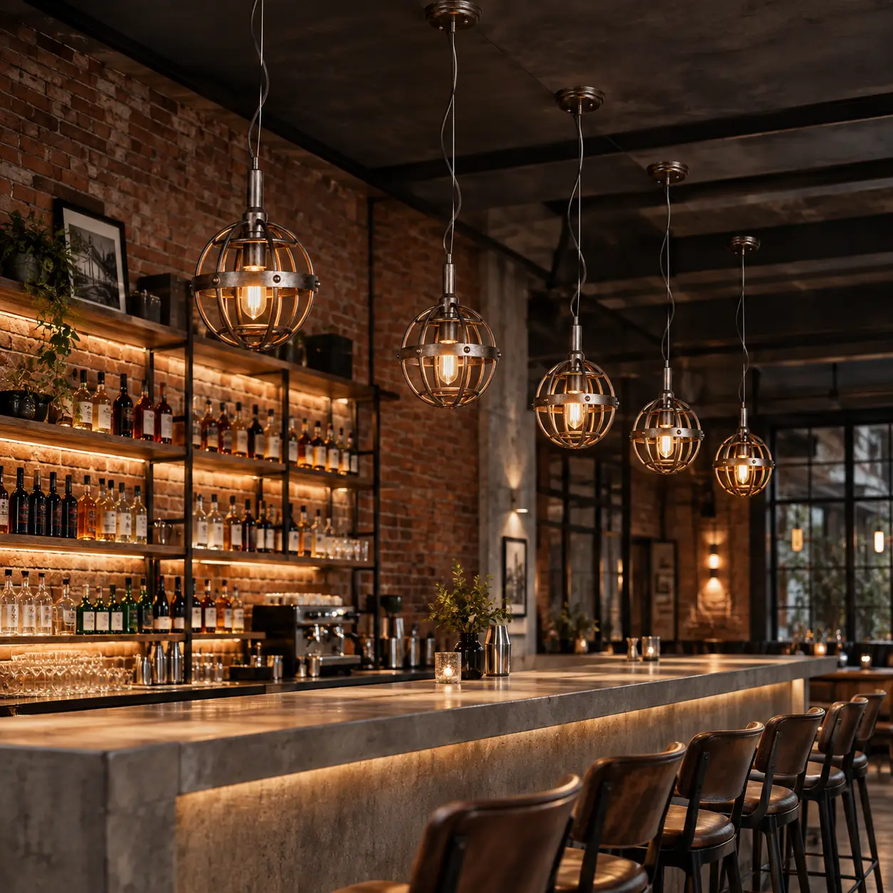 Linear Array of Urban Cage Industrial Pendants Suspended Over Concrete Bar Counter