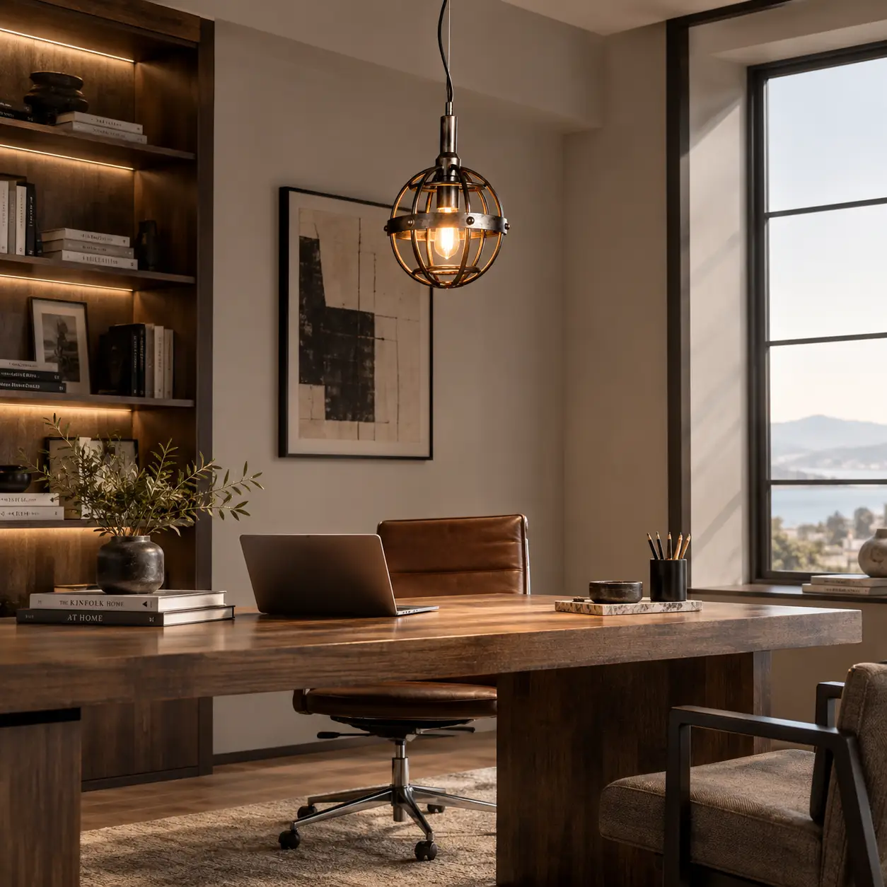Single Urban Cage Mini Pendant Suspended Above Executive Desk in Studio Workspace