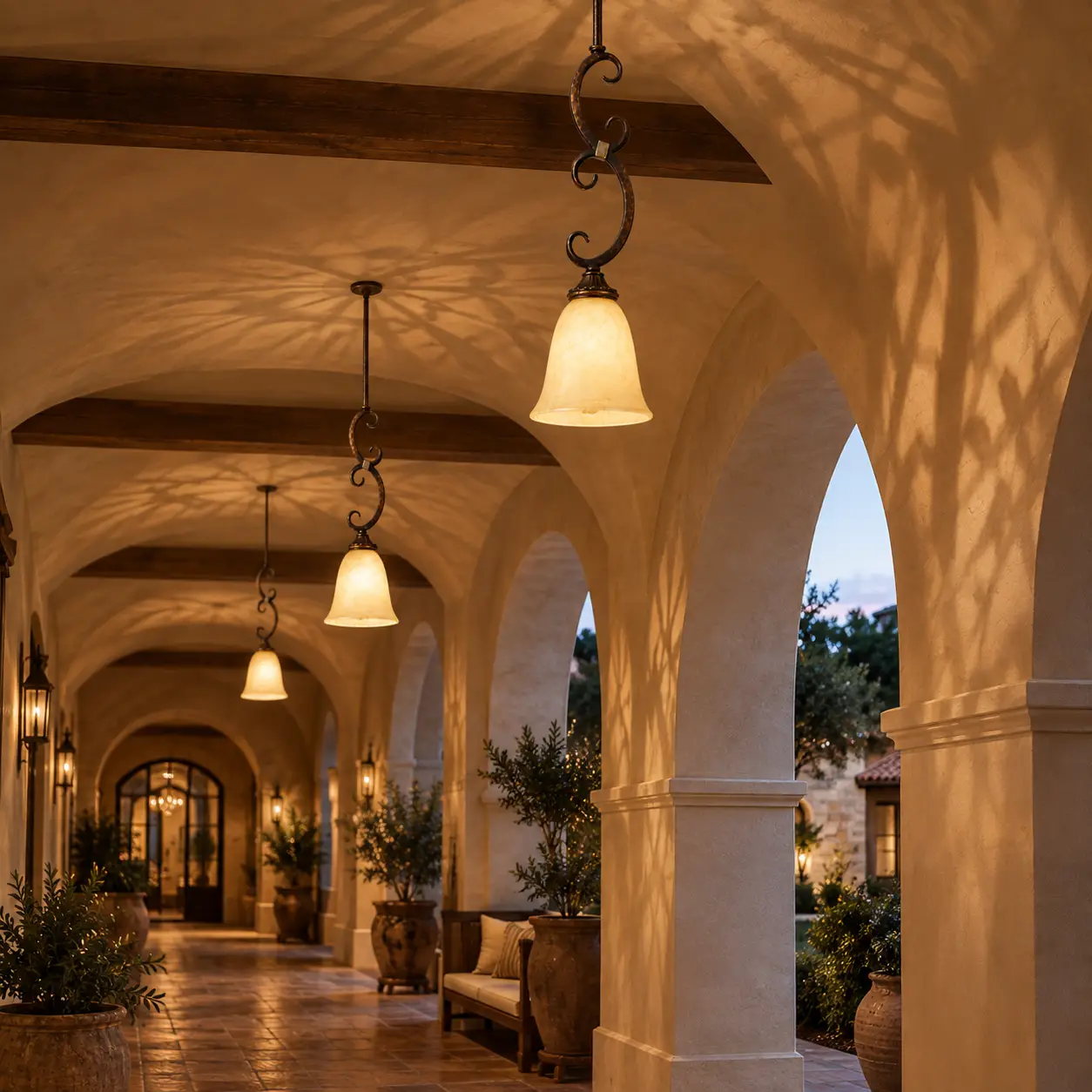 Valencia Iron Scroll Pendant Light in Resort Corridor