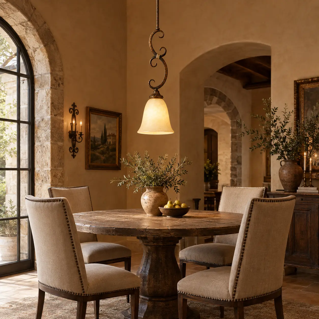 Valencia Iron Scroll Pendant Light in Tuscan Dining Nook