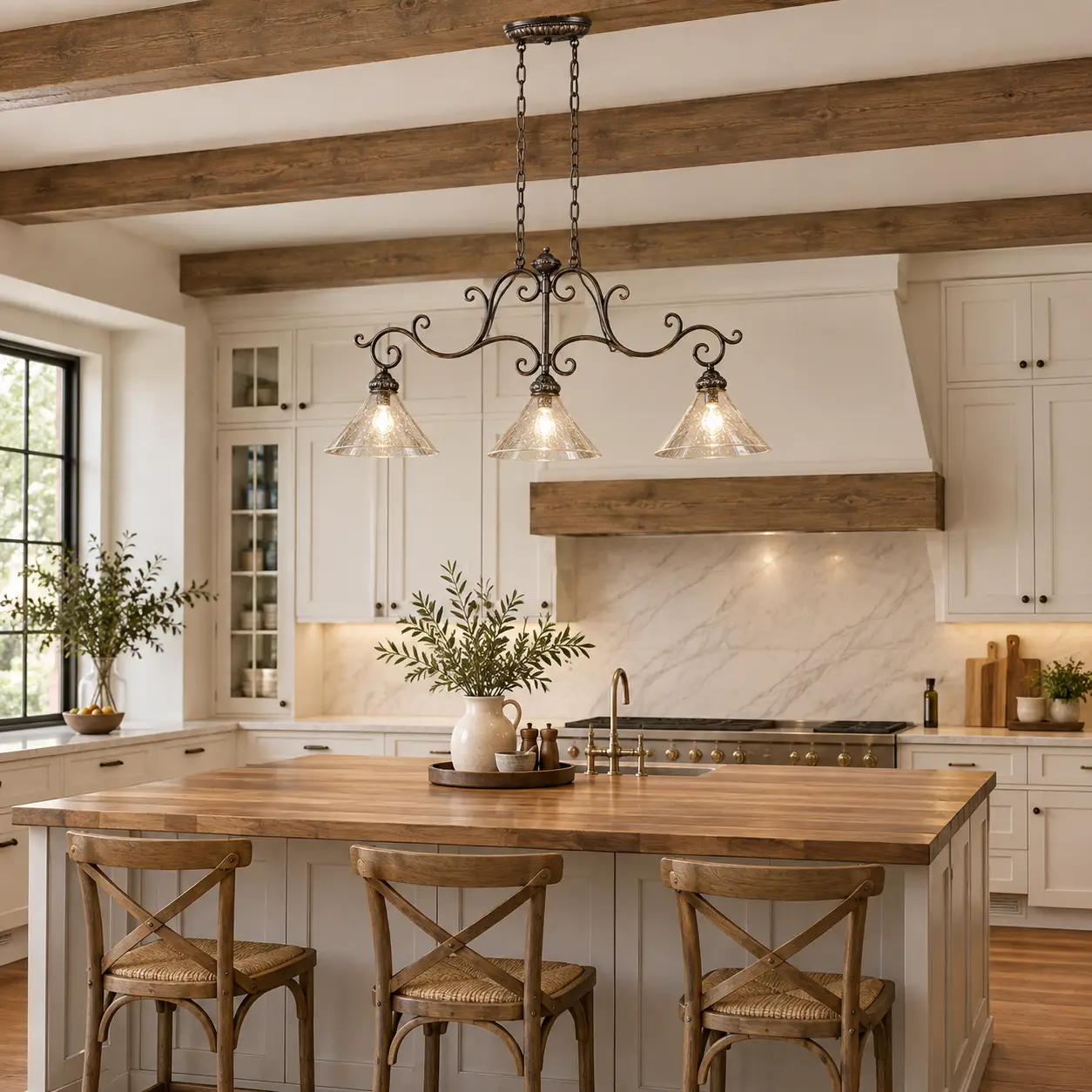 Valencia 3-Light Linear Pendant over Modern Farmhouse Kitchen Island