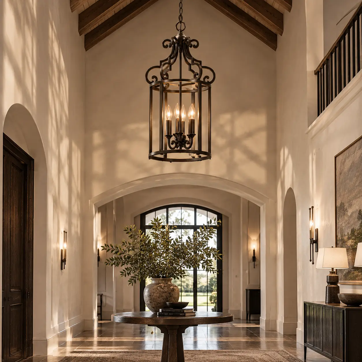 Valencia 4-Light Iron Cage Chandelier in Boutique Hotel Foyer
