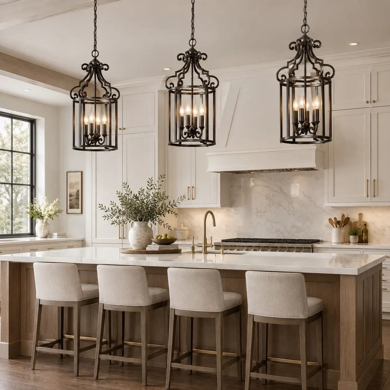 Valencia 4-Light Iron Cage Chandelier over Kitchen Island