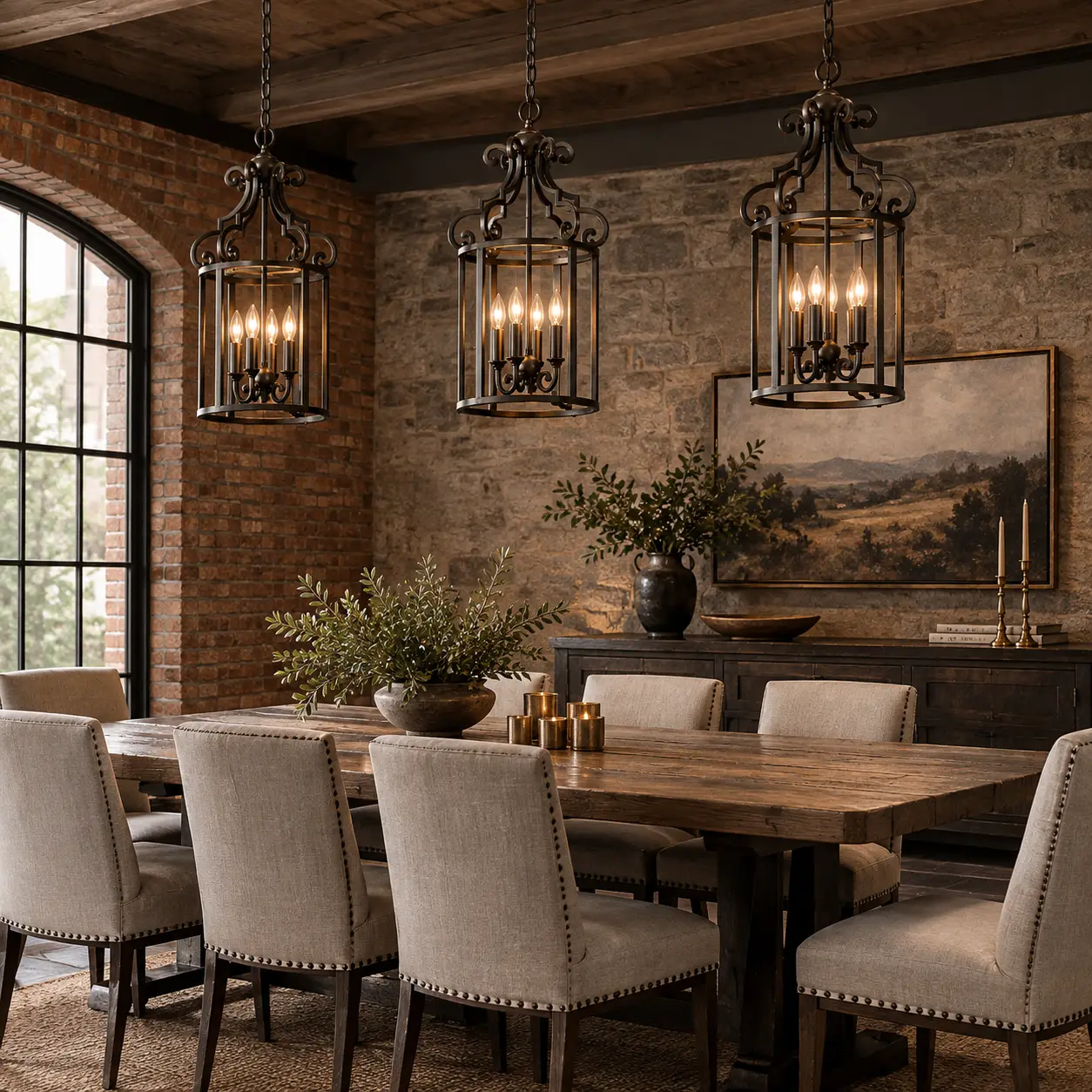 Valencia 4-Light Iron Cage Chandelier in Rustic Dining Room