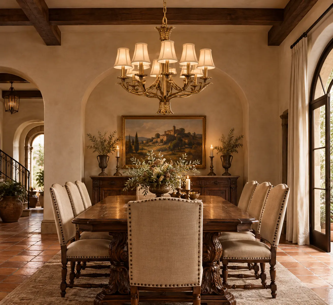 Valencia 8-Light Gold Leaf Chandelier in Mediterranean Dining Room
