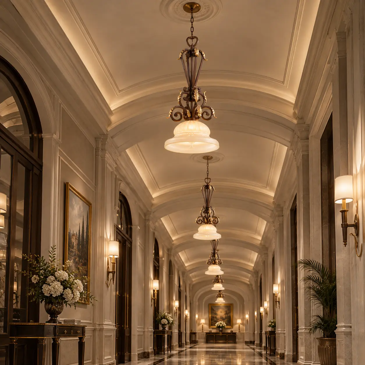 Verdant Forge Baroque Leaf Chandelier in Boutique Hotel Corridor