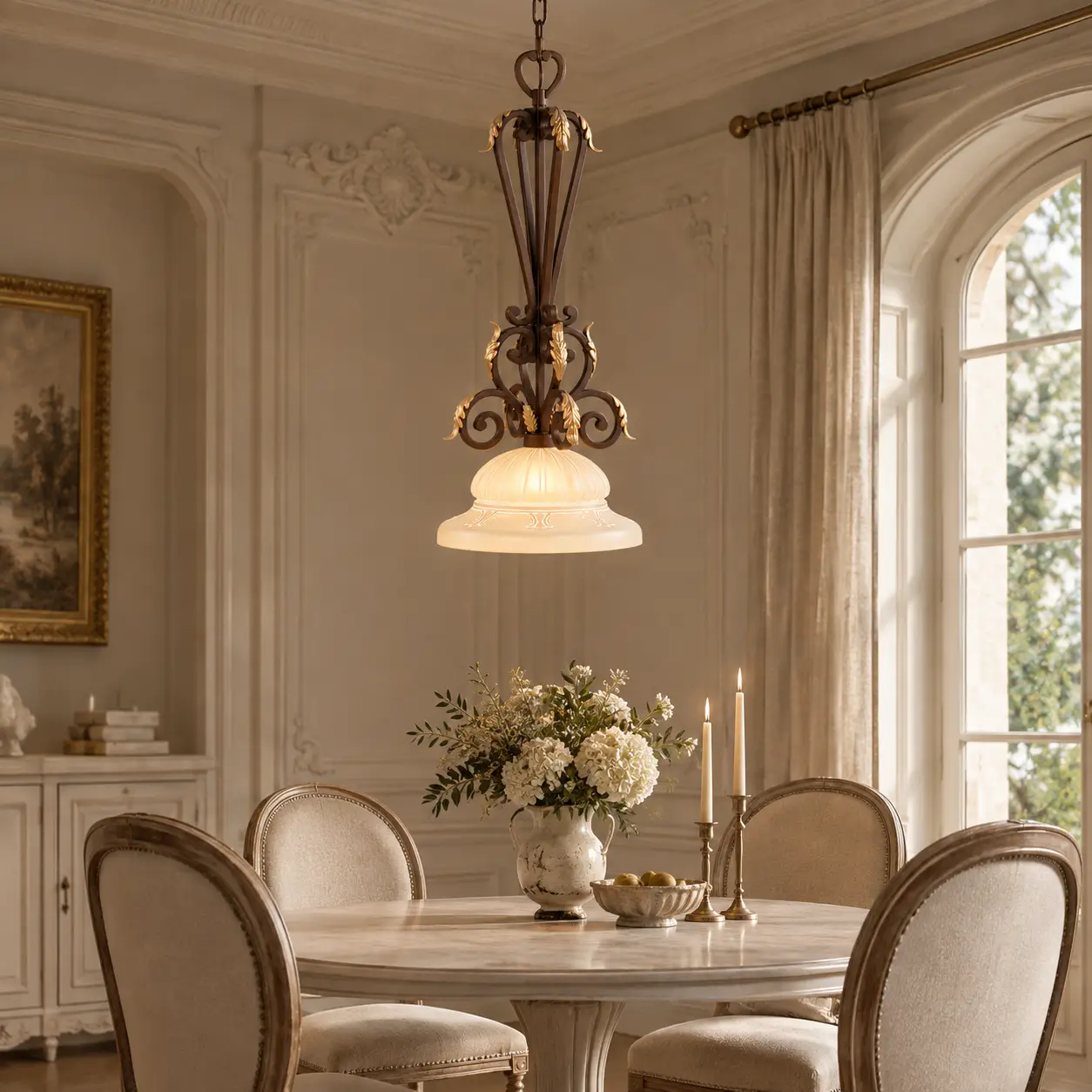 Verdant Forge Baroque Leaf Chandelier in French Country Dining Nook
