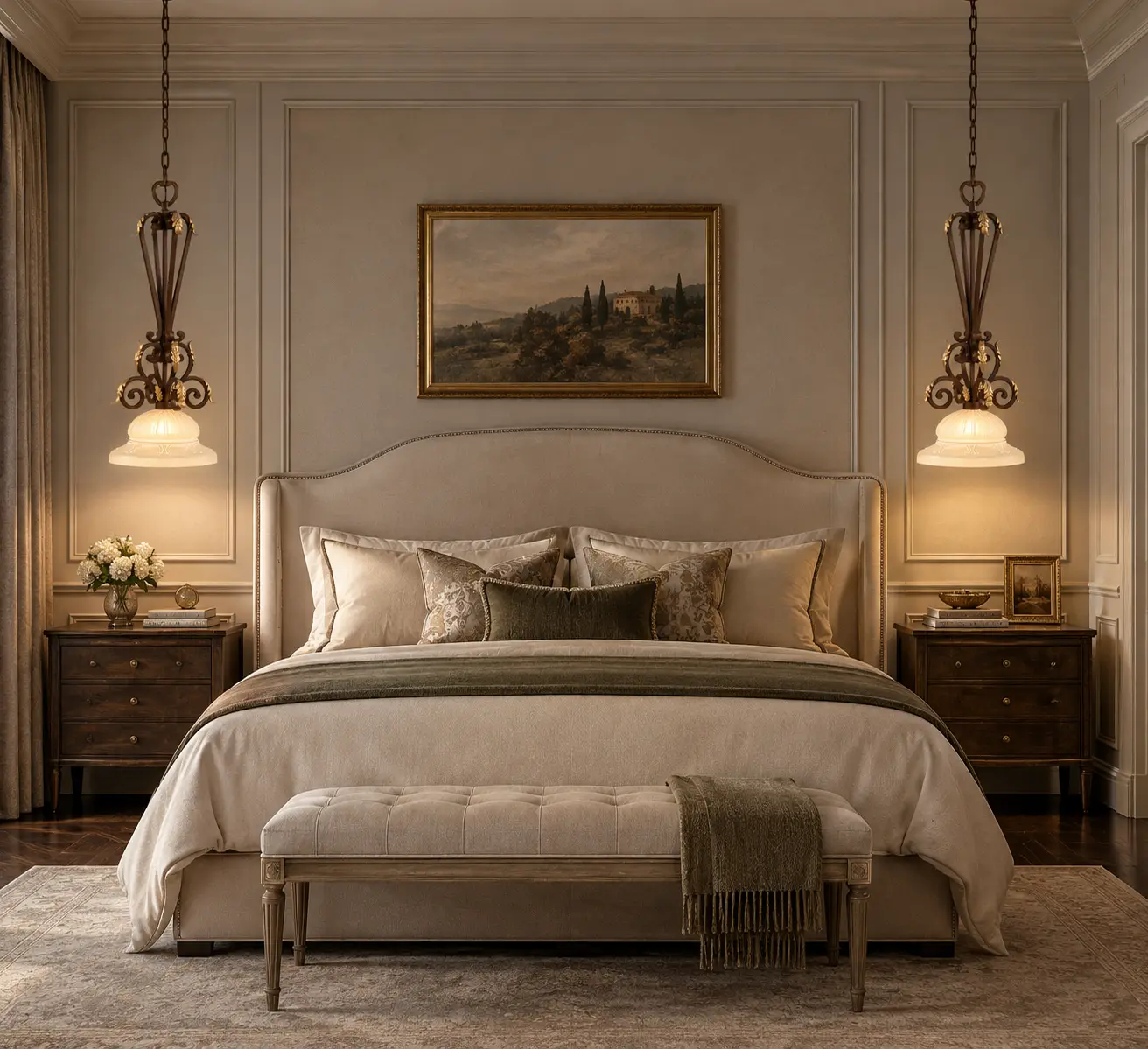 Verdant Forge Baroque Leaf Chandelier Flanking Bedside in Master Suite