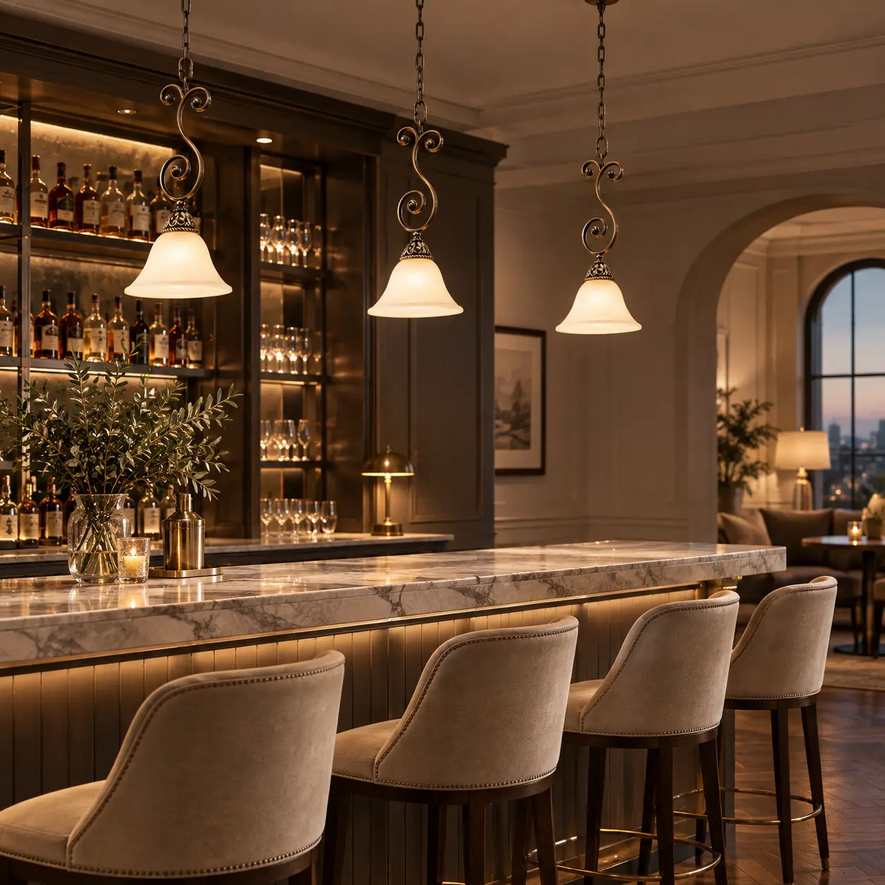 Boutique hotel bar with elegant mini glass pendants