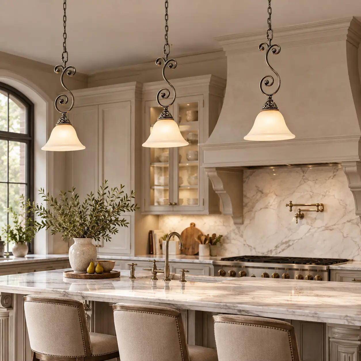 French country kitchen island with mini bell pendant lights