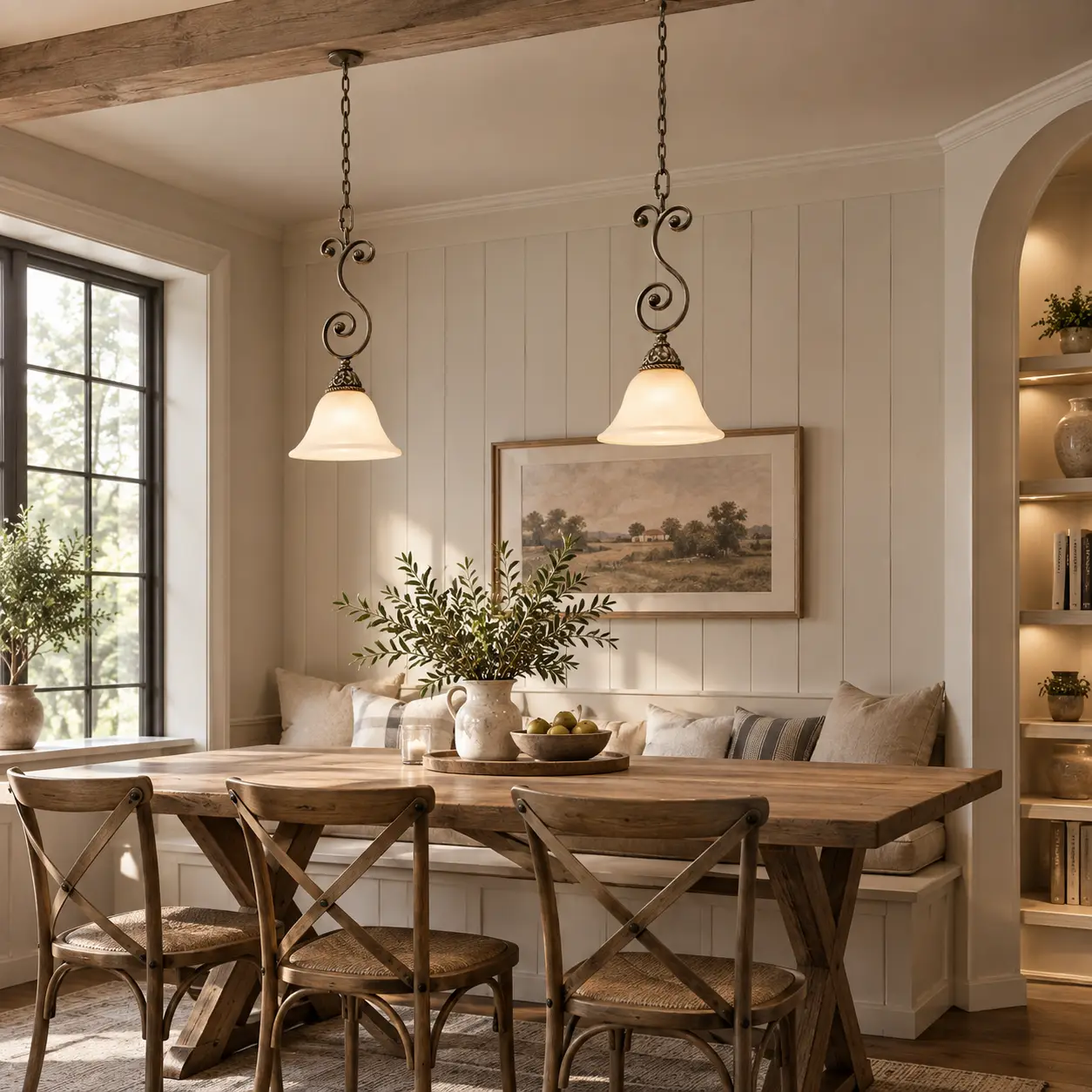 Modern farmhouse dining nook with glass mini pendant