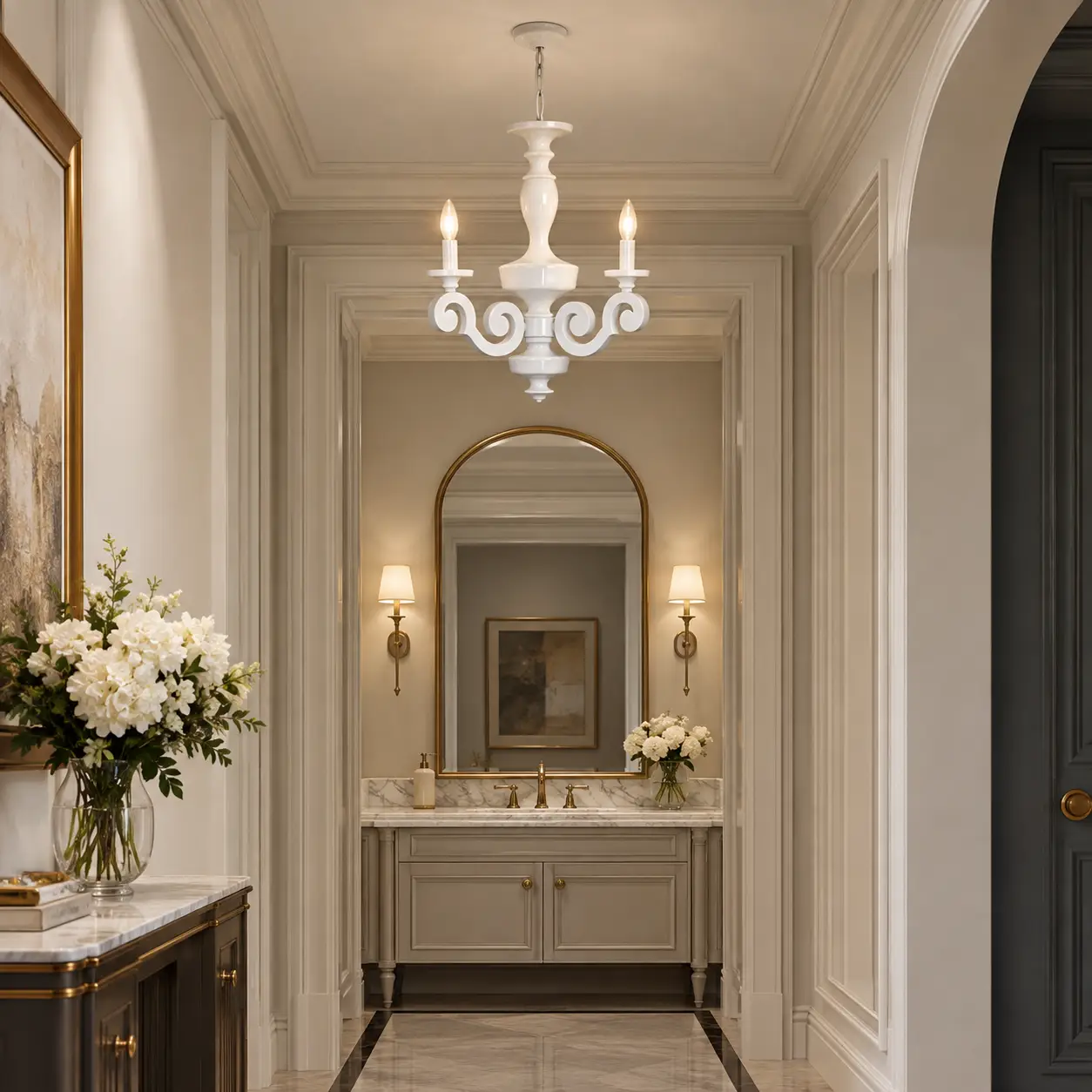 Whimsical-Scroll-Mini-3-Light-Chandelier-Transitional-Foyer-High-Ceiling-Powder-Room Whimsical-Scroll-Mini-3-Light-Chandelier-Transitional-Foyer-High-Ceiling-Powder-Room