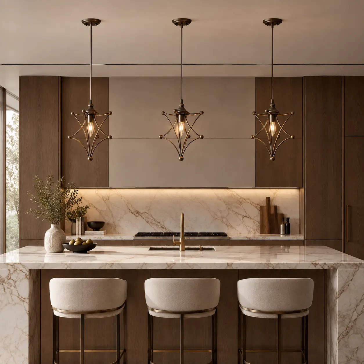 The Whimsical Star Mini Pendant installed in a Trio Cluster over a Modern Luxury Marble Kitchen Island