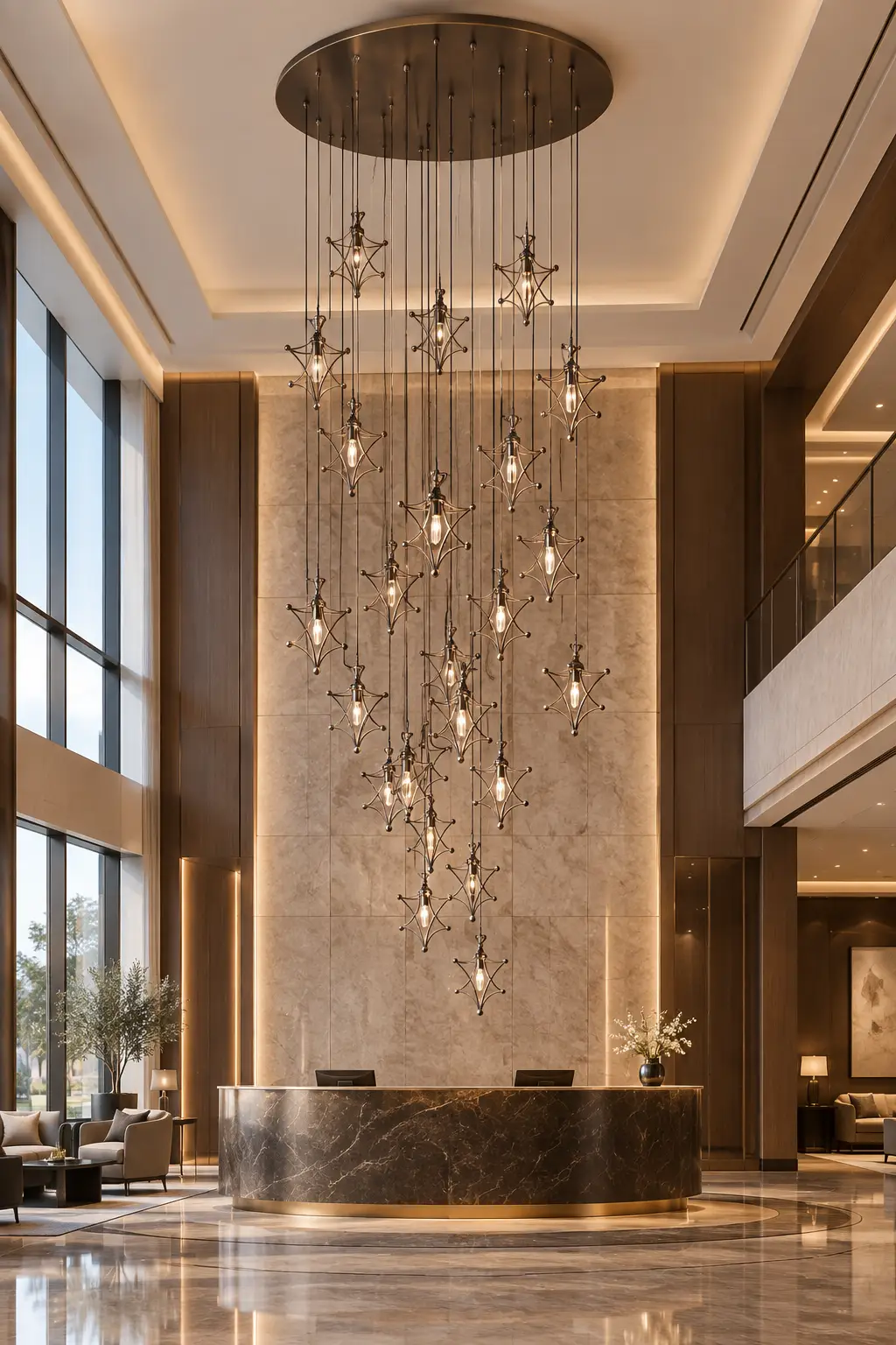 Cascading cluster configuration of star mini pendants in a boutique hotel lobby