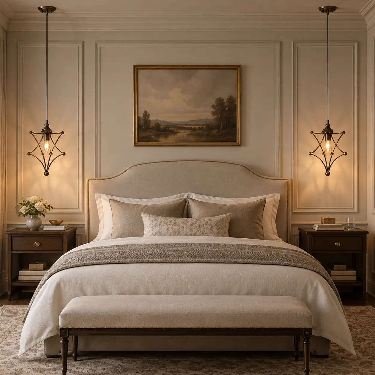 The Whimsical Star Pendant as a Bedside Drop Light in a French Transitional Bedroom