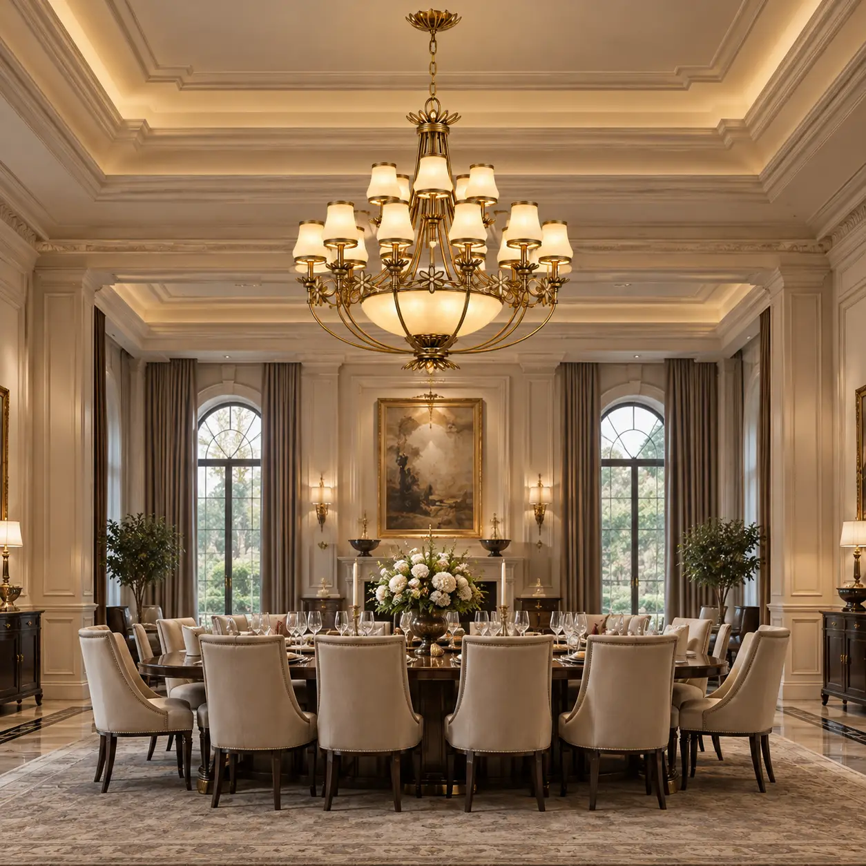 18-Light Grand Chandelier in Antique Flemish Gold over Ballroom Dining Area