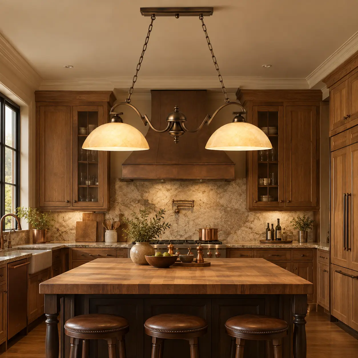 2-Light-Bronze-Double-Pendant-with-Amber-Alabaster-Glass-Shades-Transitional-American-Vintage-Kitchen-Island 2-Light-Bronze-Double-Pendant-with-Amber-Alabaster-Glass-Shades-Transitional-American-Vintage-Kitchen-Island