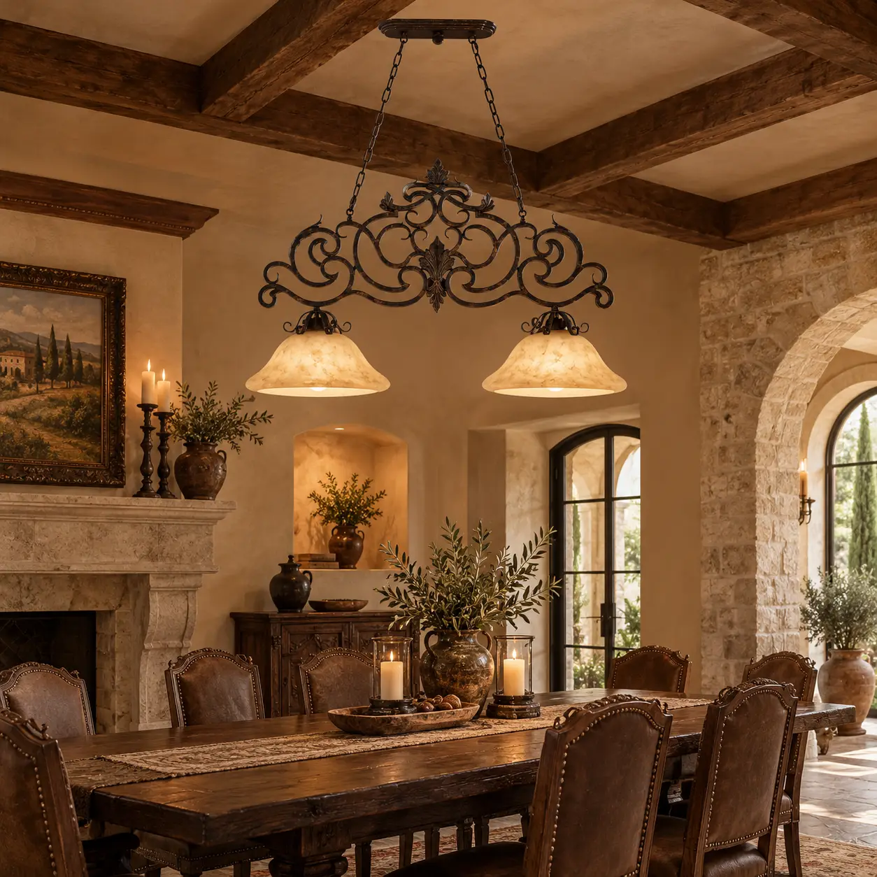 2-Light-Tuscano-Scroll-Linear-Pendant-with-Alabaster-Glass-Shades-Rustic-Revival-Tuscan-Villa 2-Light-Tuscano-Scroll-Linear-Pendant-with-Alabaster-Glass-Shades-Rustic-Revival-Tuscan-Villa