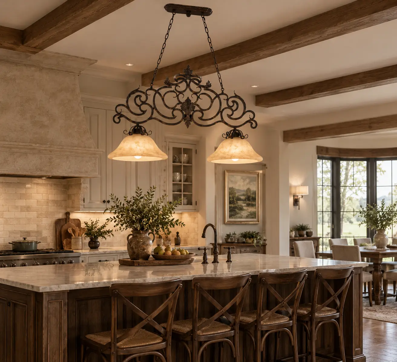 2-Light-Tuscano-Scroll-Linear-Pendant-with-Alabaster-Glass-Shades-Transitional-Farmhouse-Heritage 2-Light-Tuscano-Scroll-Linear-Pendant-with-Alabaster-Glass-Shades-Transitional-Farmhouse-Heritage