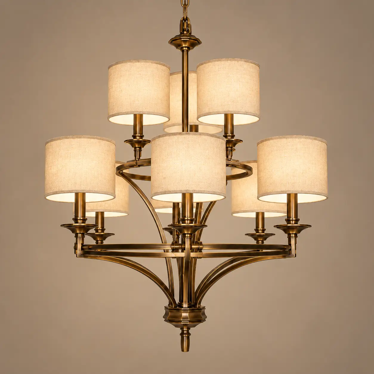 2-Tier-9-Light-Pendant-in-Hand-Rubbed-Antique-Bronze-Finish-with-Fabric-Drum-Shades-3 2-Tier-9-Light-Pendant-in-Hand-Rubbed-Antique-Bronze-Finish-with-Fabric-Drum-Shades-3