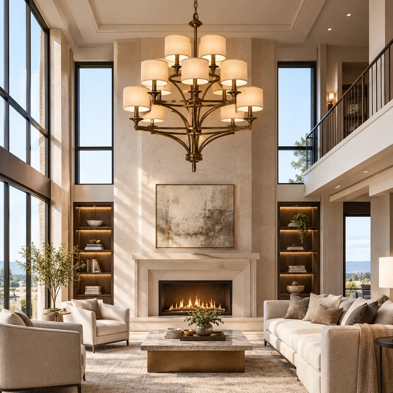 2-Tier-9-Light-Pendant-in-Hand-Rubbed-Antique-Bronze-Finish-with-Fabric-Drum-Shades-Modern-Luxury-Double-Height-Great-Rooms 2-Tier-9-Light-Pendant-in-Hand-Rubbed-Antique-Bronze-Finish-with-Fabric-Drum-Shades-Modern-Luxury-Double-Height-Great-Rooms