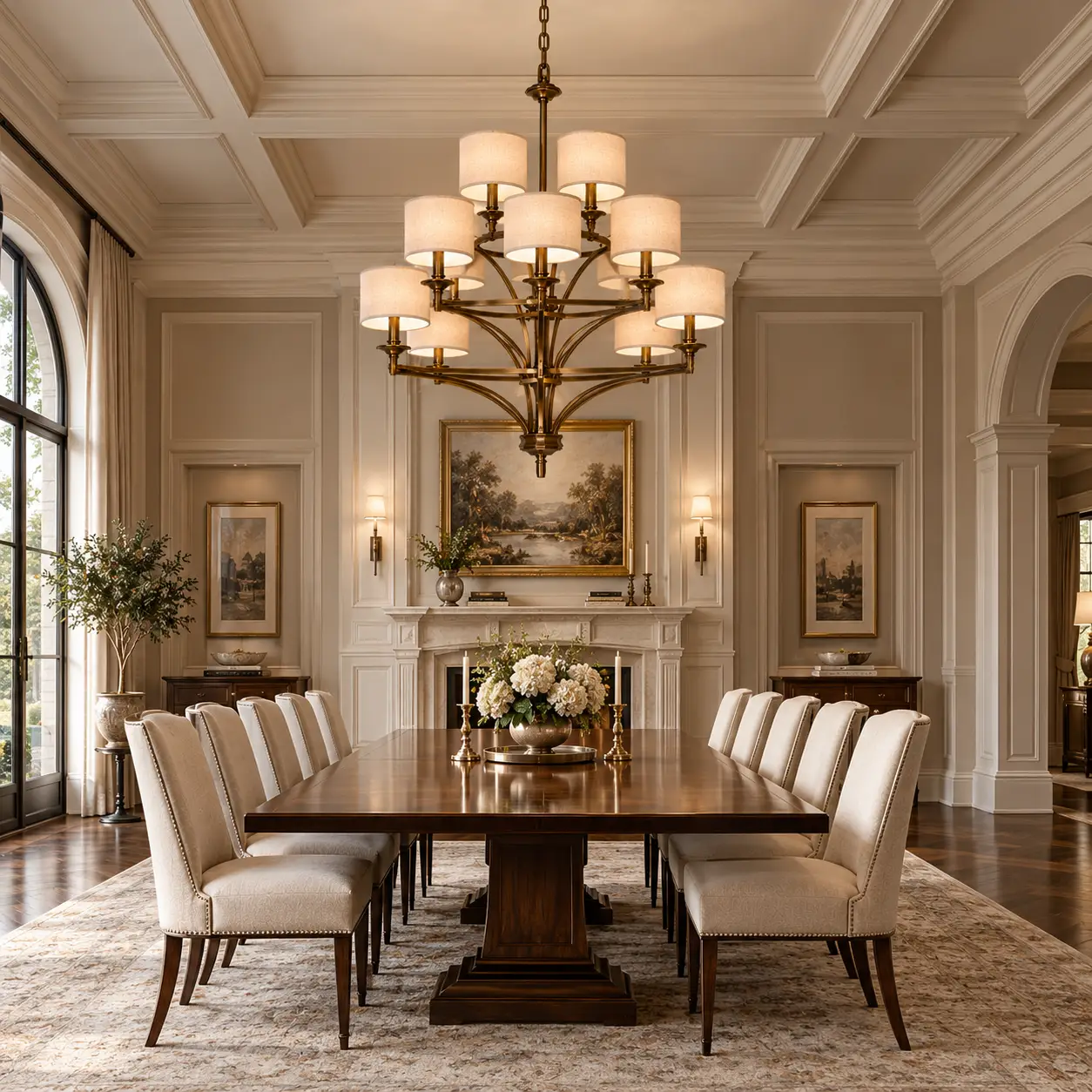 2-Tier-9-Light-Pendant-in-Hand-Rubbed-Antique-Bronze-Finish-with-Fabric-Drum-Shades-Neoclassical-Formal-Estate-Dining-Halls 2-Tier-9-Light-Pendant-in-Hand-Rubbed-Antique-Bronze-Finish-with-Fabric-Drum-Shades-Neoclassical-Formal-Estate-Dining-Halls